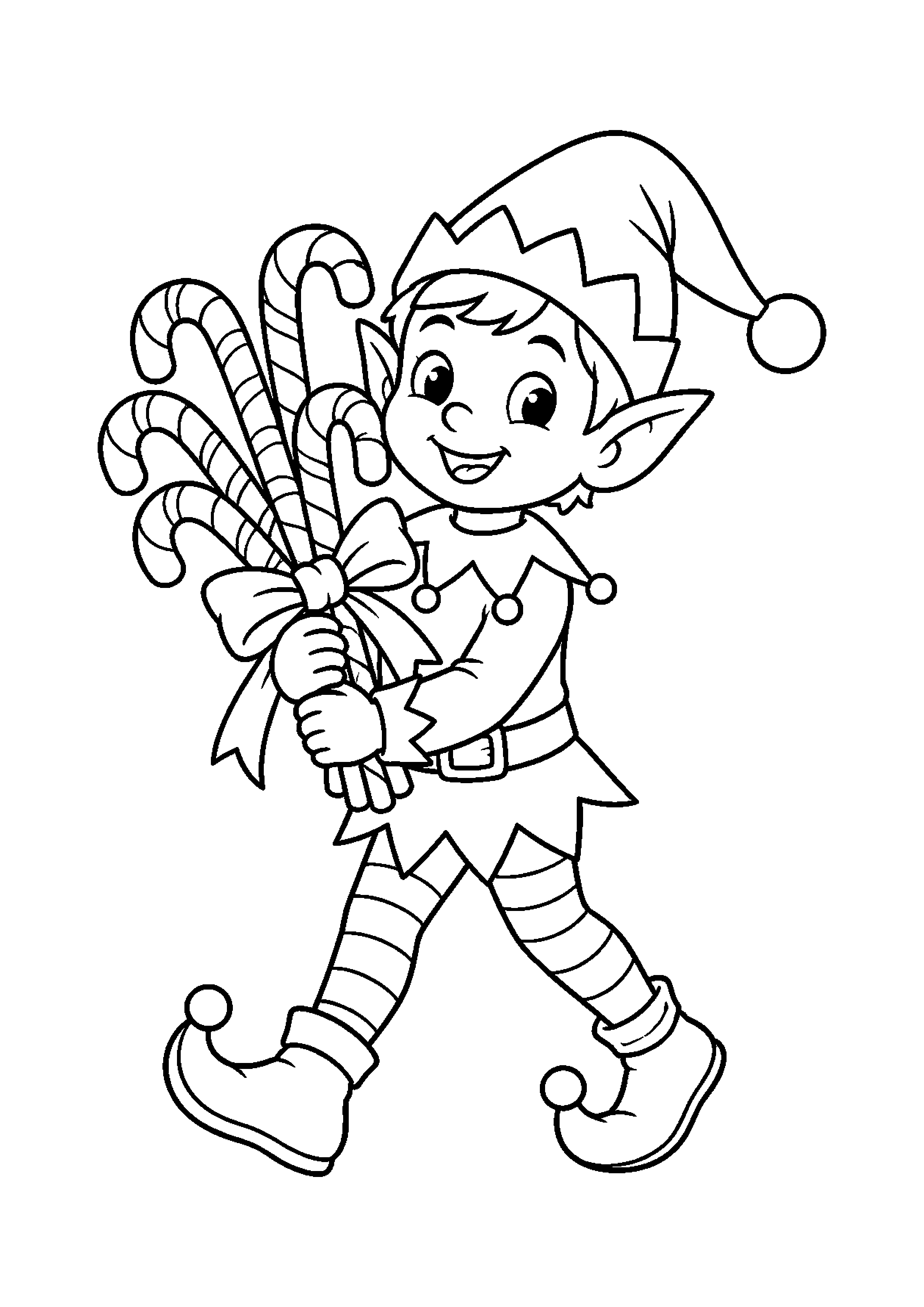 Coloriage Lutin marchant avec un bouquet de sucres d'orge de Noël à imprimer gratuitement
