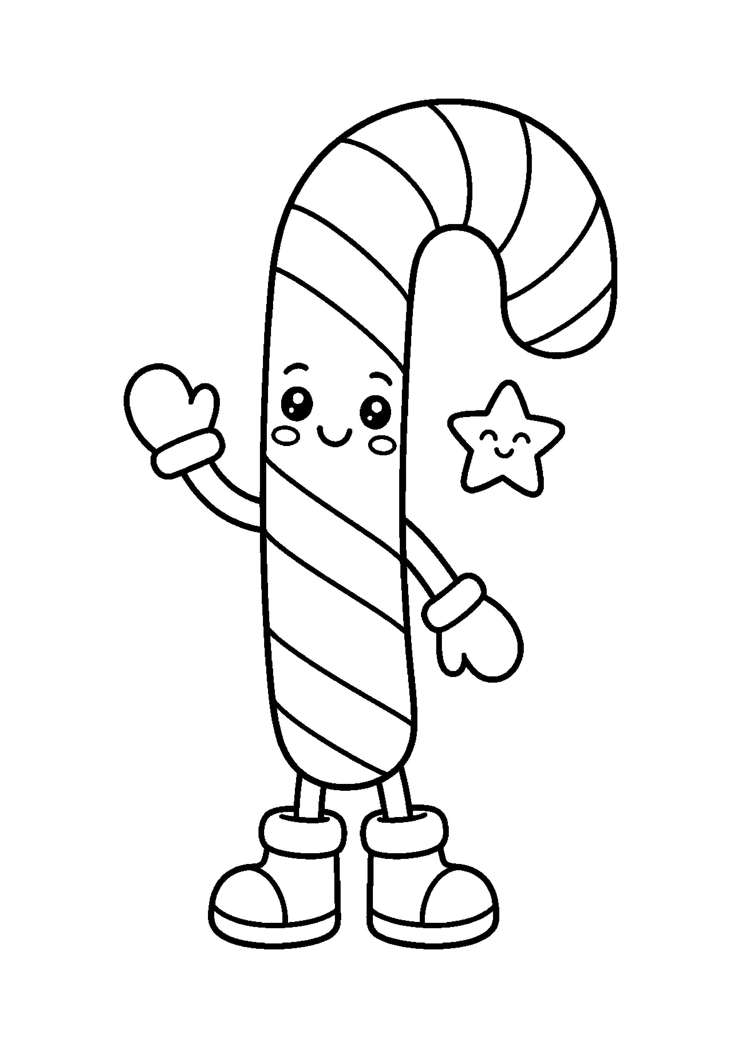 Coloriage Sucre d'orge kawaii avec moufles et bottes de Noël à imprimer gratuitement