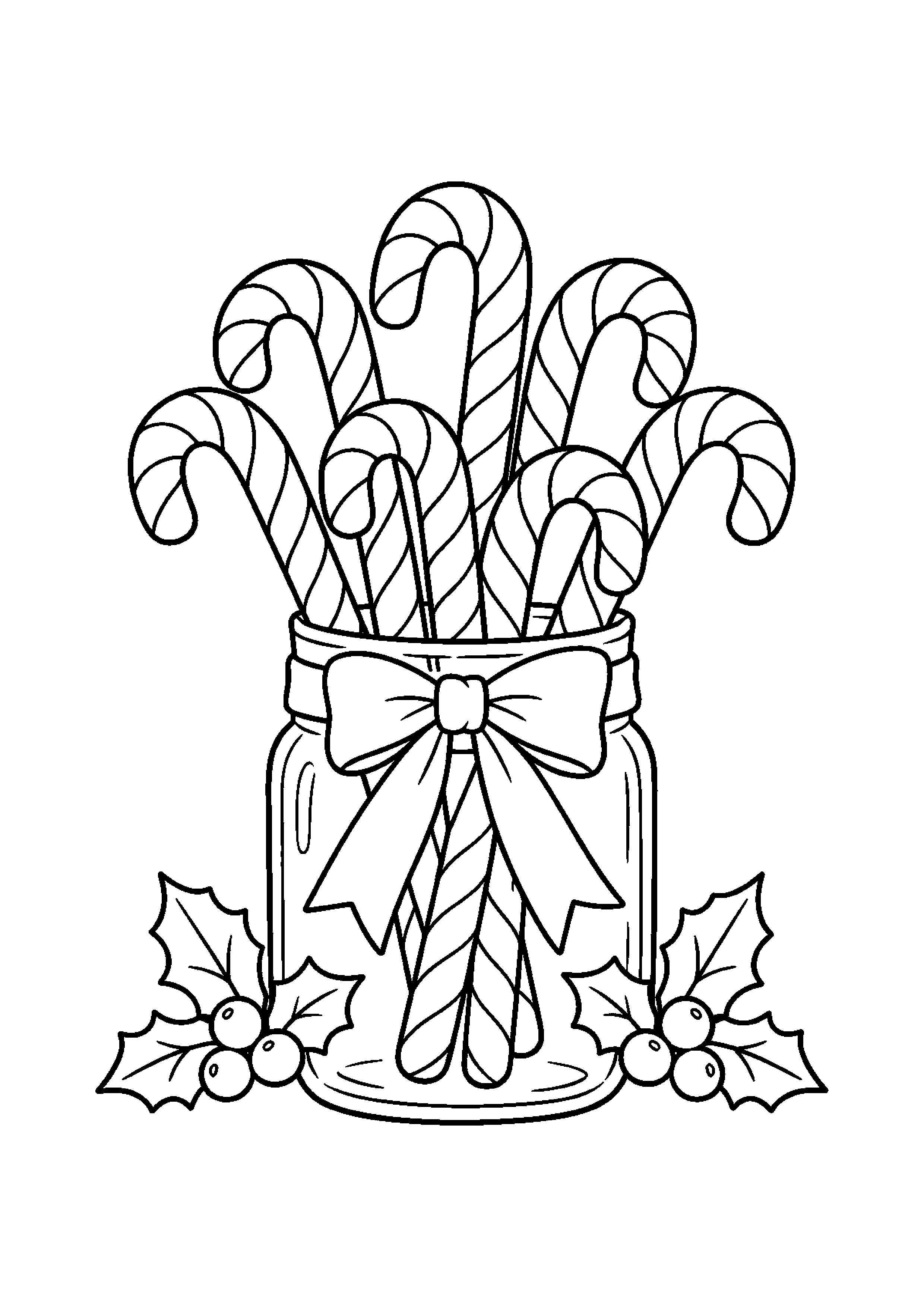 Coloriage Bouquet de sept sucres d'orge dans un bocal avec houx de Noël à imprimer gratuitement