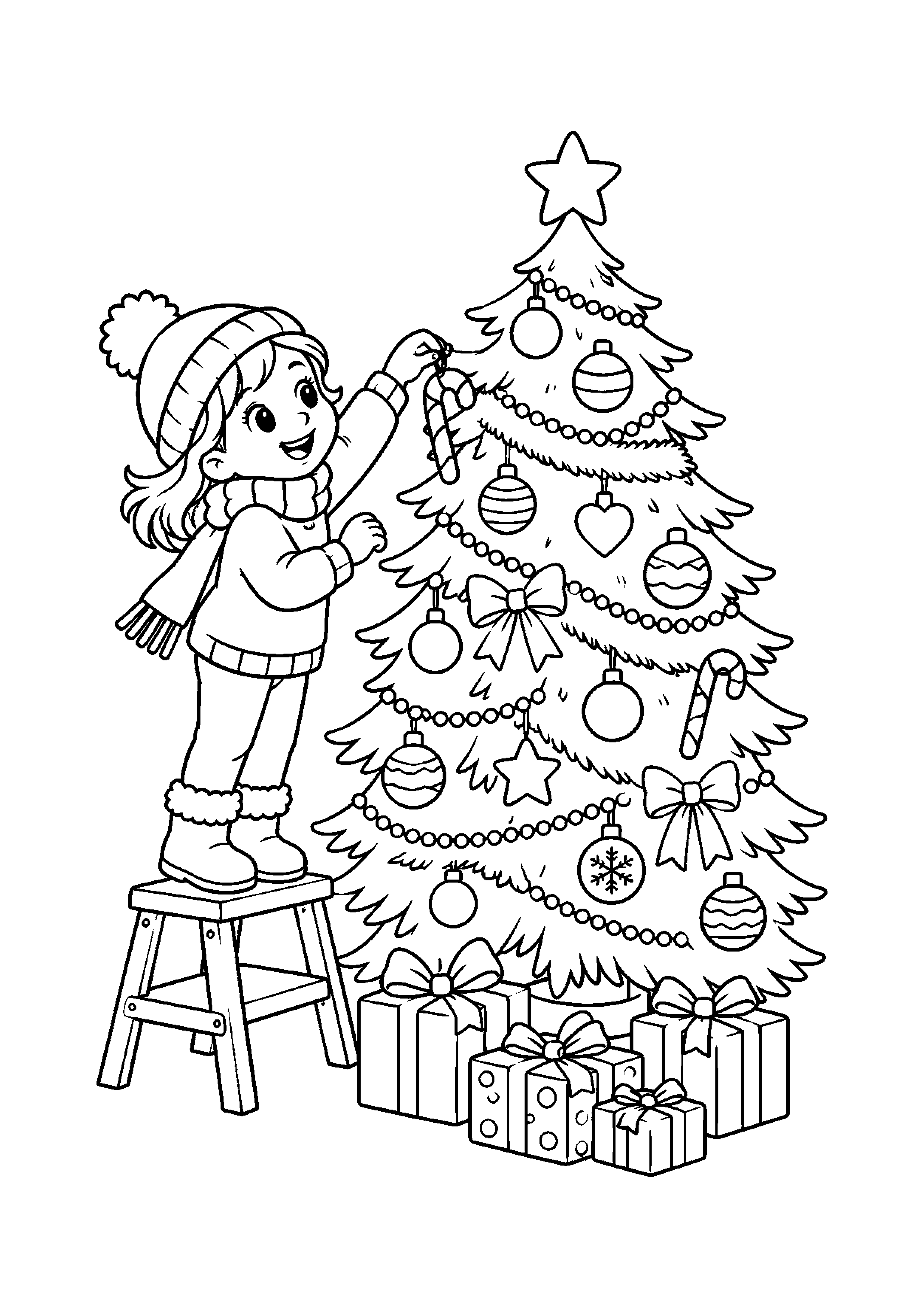 Coloriage Enfant accrochant un sucre d'orge au sapin de Noël à imprimer gratuitement