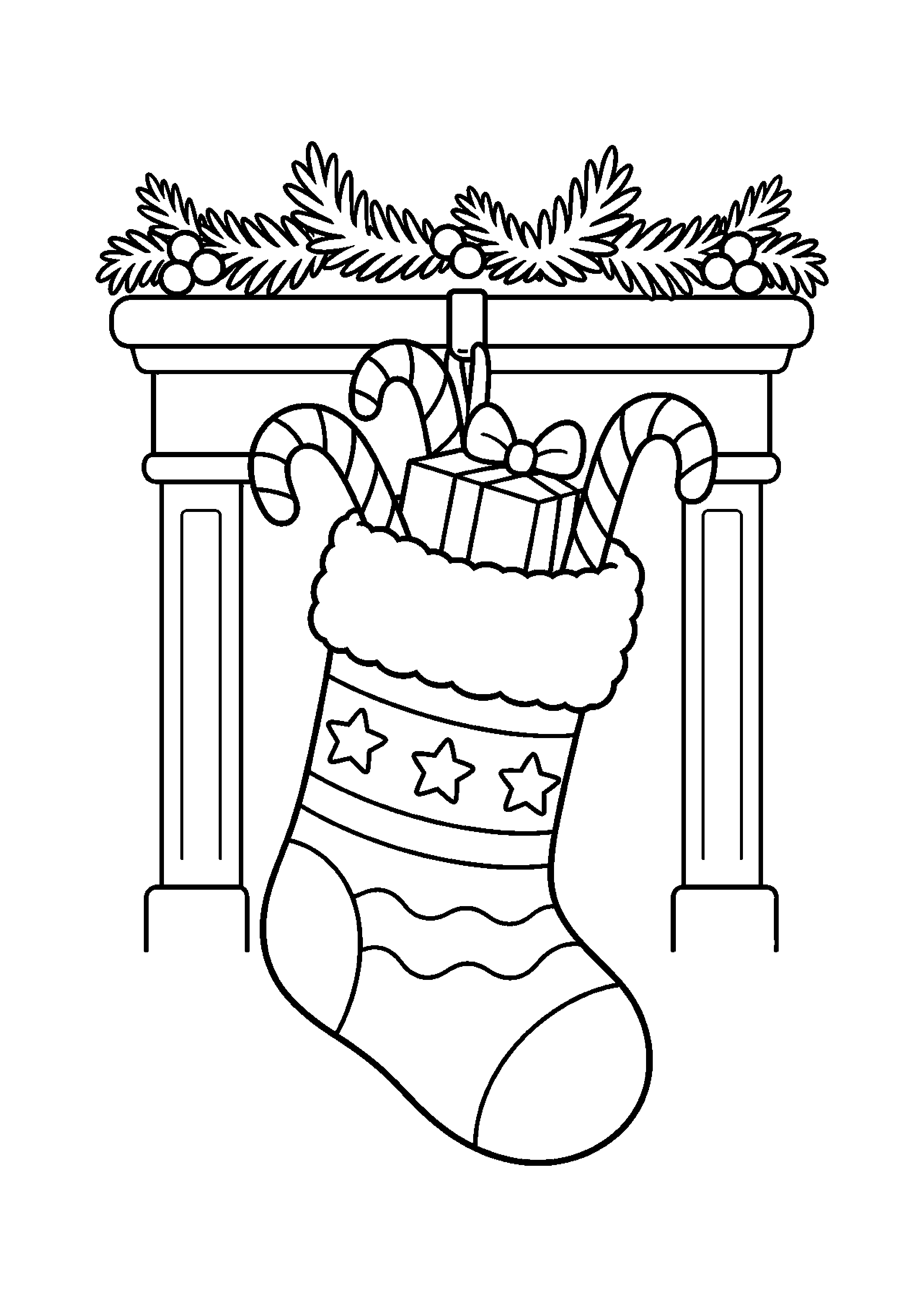 Coloriage Chaussette de Noel debordant de sucres d'orge devant la cheminee de Noël à imprimer gratuitement