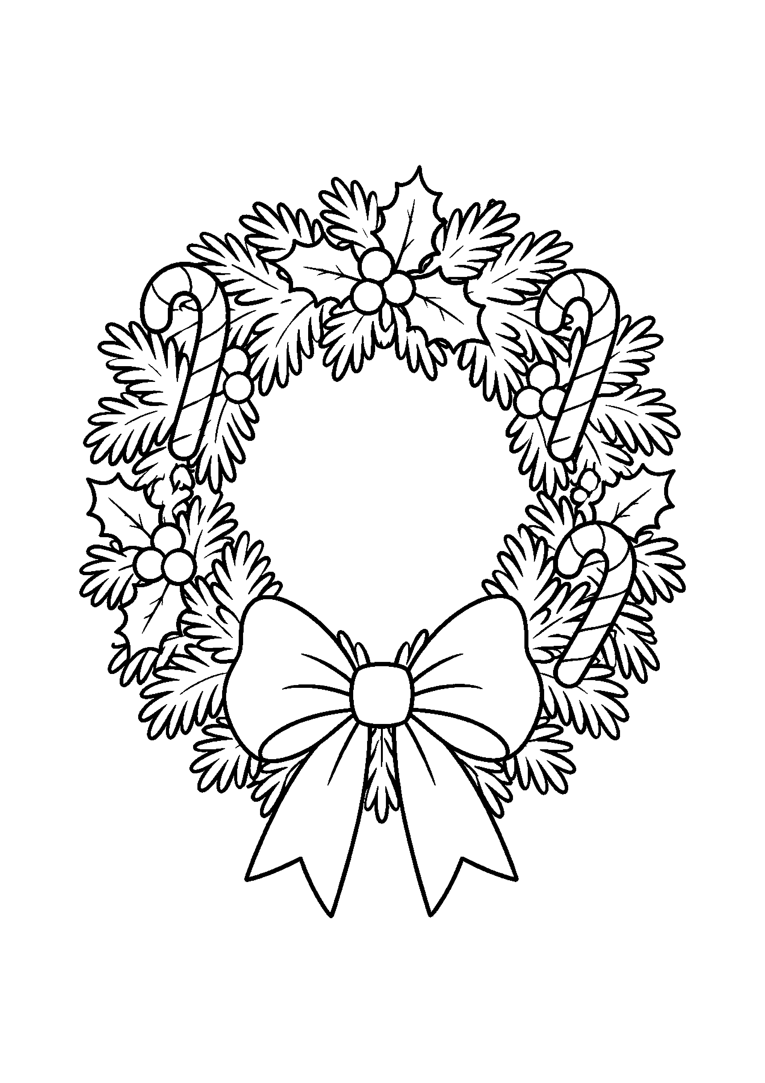 Coloriage Couronne de Noel decoree de sucres d'orge et d'un grand noeud de Noël à imprimer gratuitement