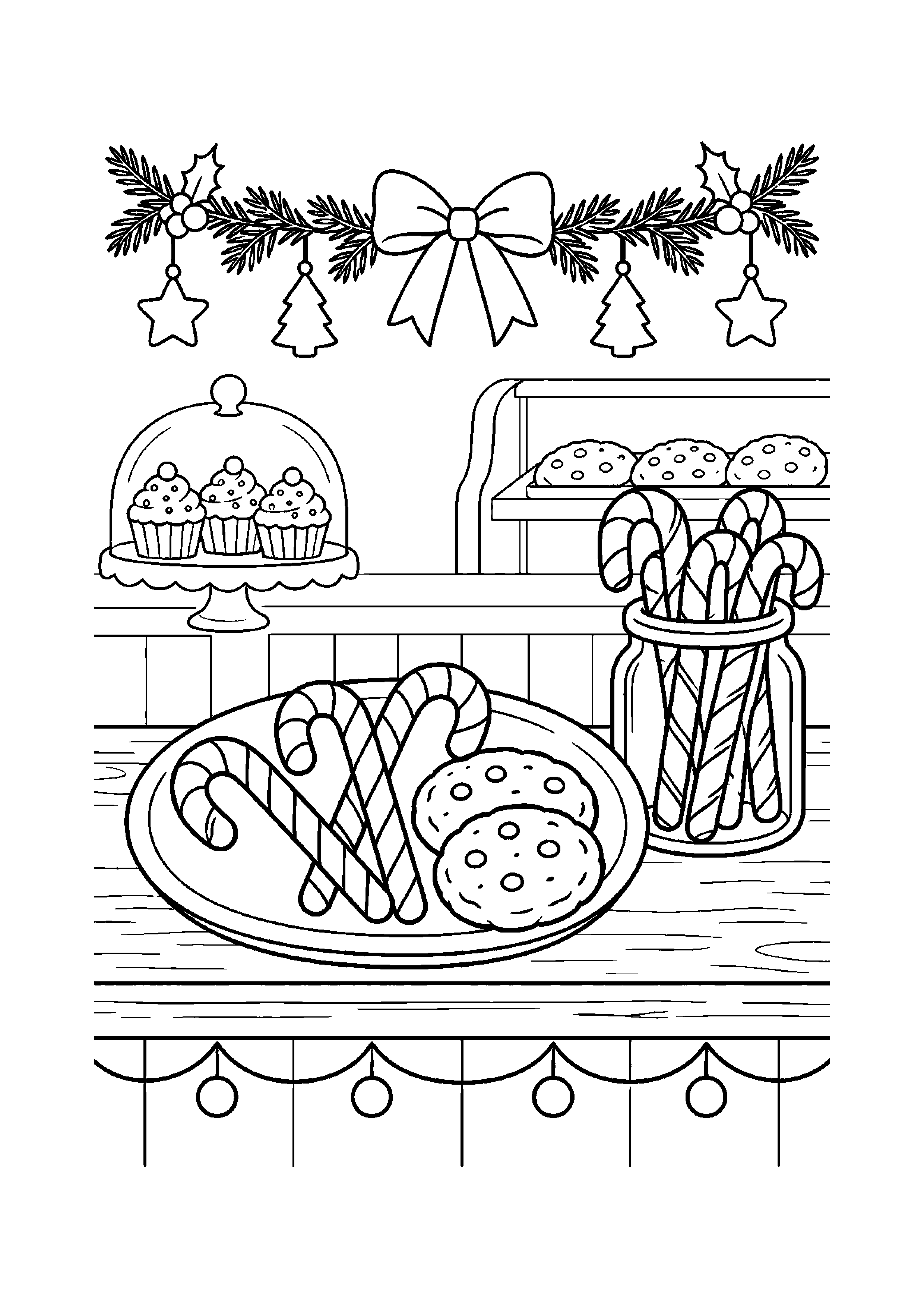 Coloriage Comptoir gourmand avec assiette et bocal de sucres d'orge de Noël à imprimer gratuitement