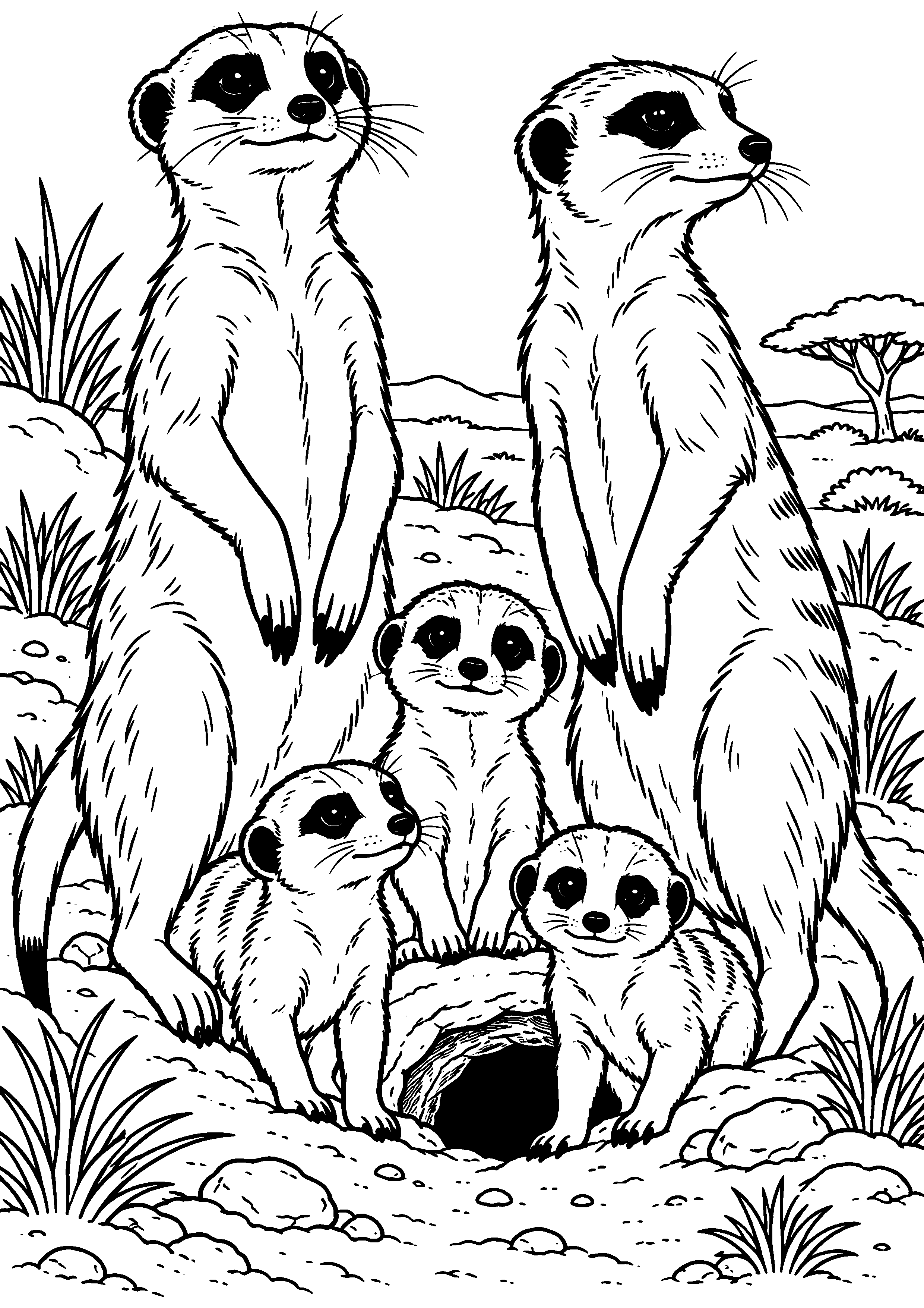Coloriage suricate de profil marchant dans son habitat à imprimer