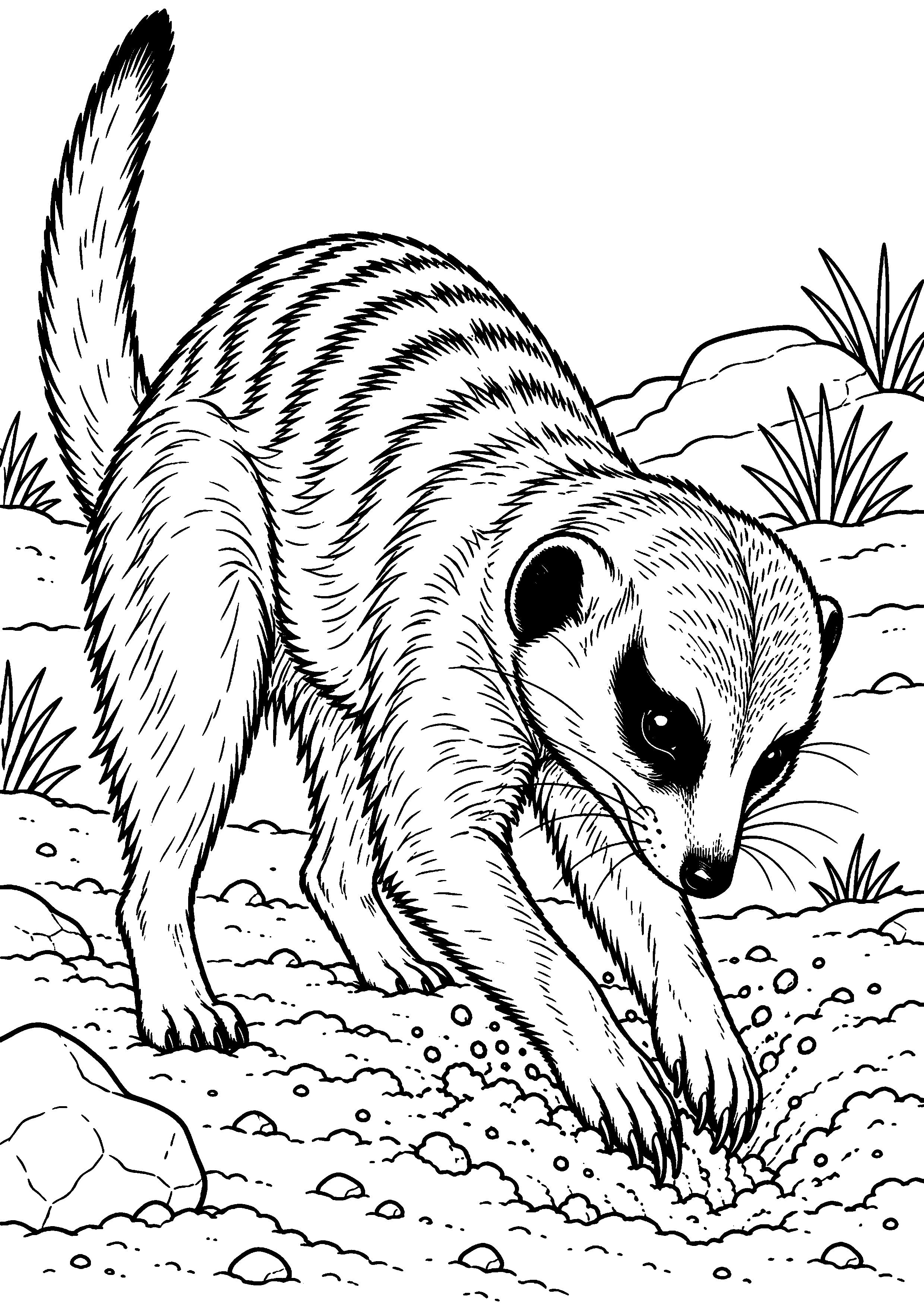 Coloriage suricate bébé découvrant une grande feuille à imprimer