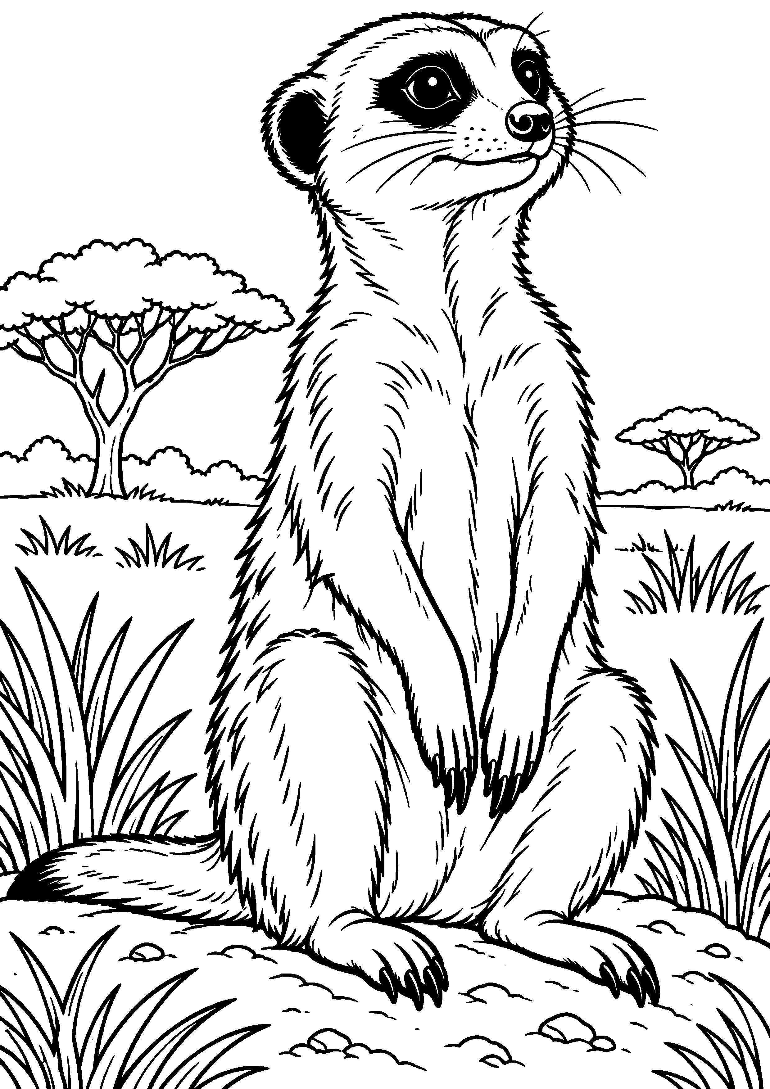 Grand coloriage d’un suricate parent et petit blottis l’un contre l’autre, contours noirs nets sur fond blanc