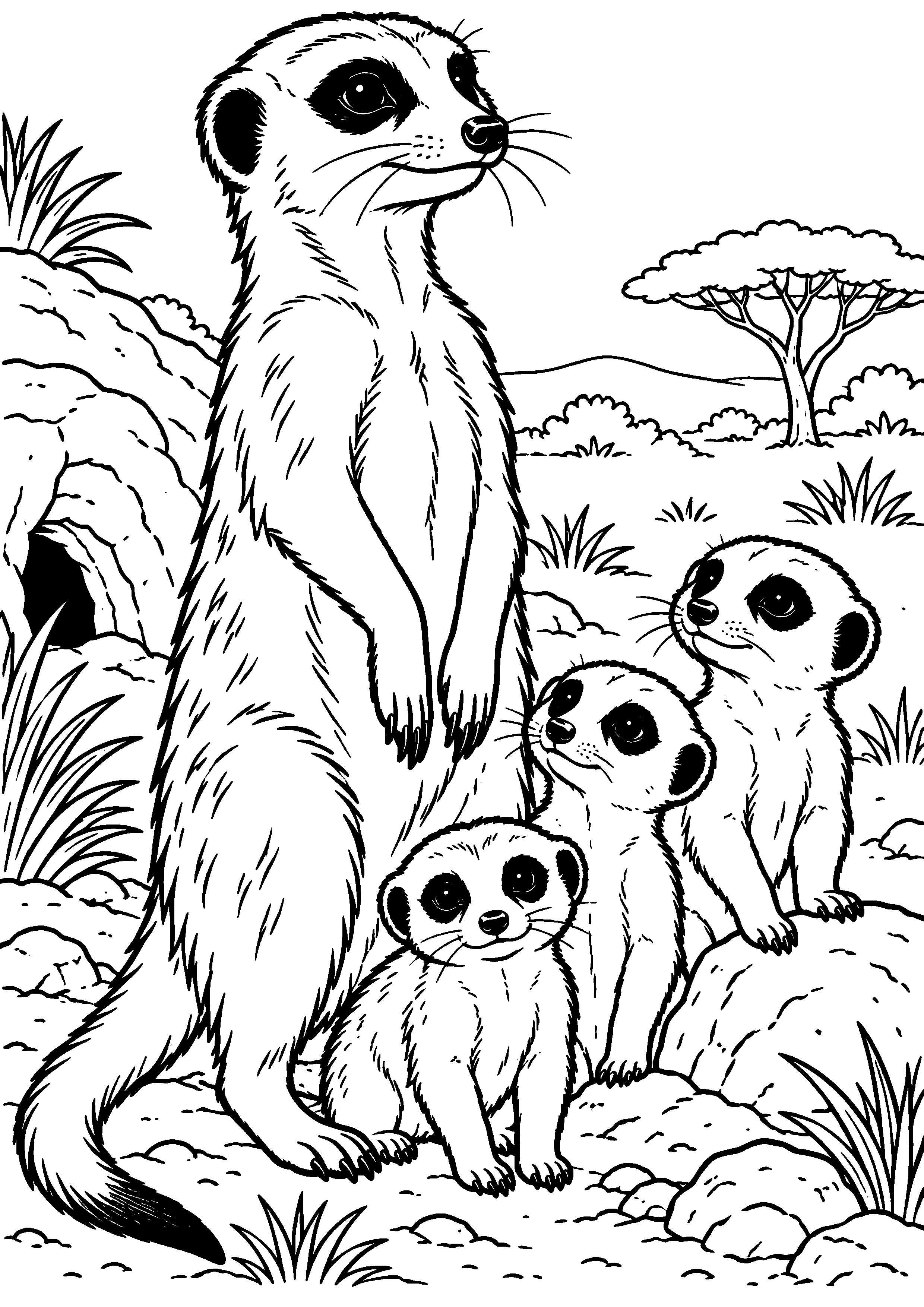 Grand coloriage d’un suricate en famille de trois dans son habitat, contours noirs nets sur fond blanc
