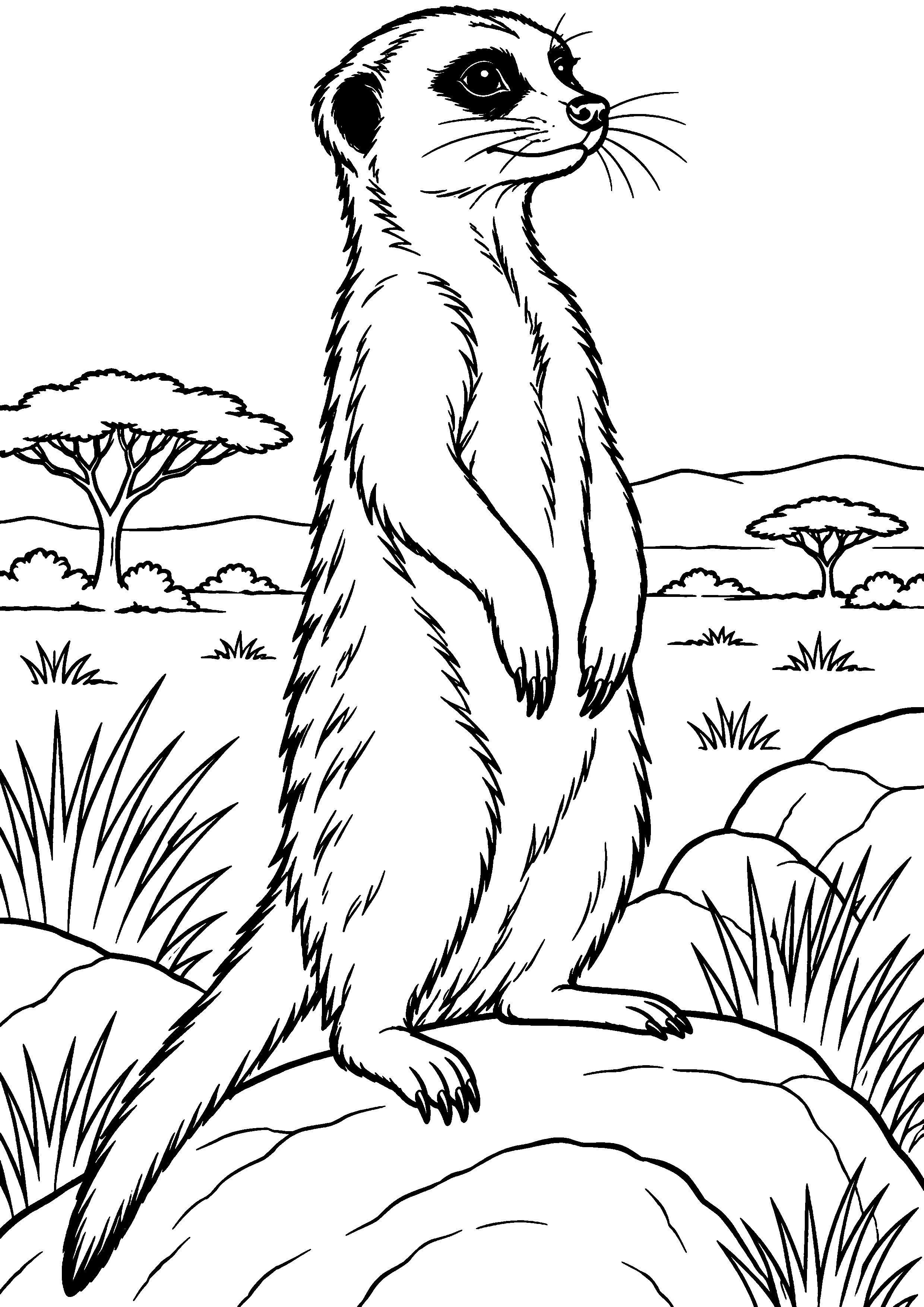 Grand coloriage d’un suricate buvant au bord d’un ruisseau, contours noirs nets sur fond blanc