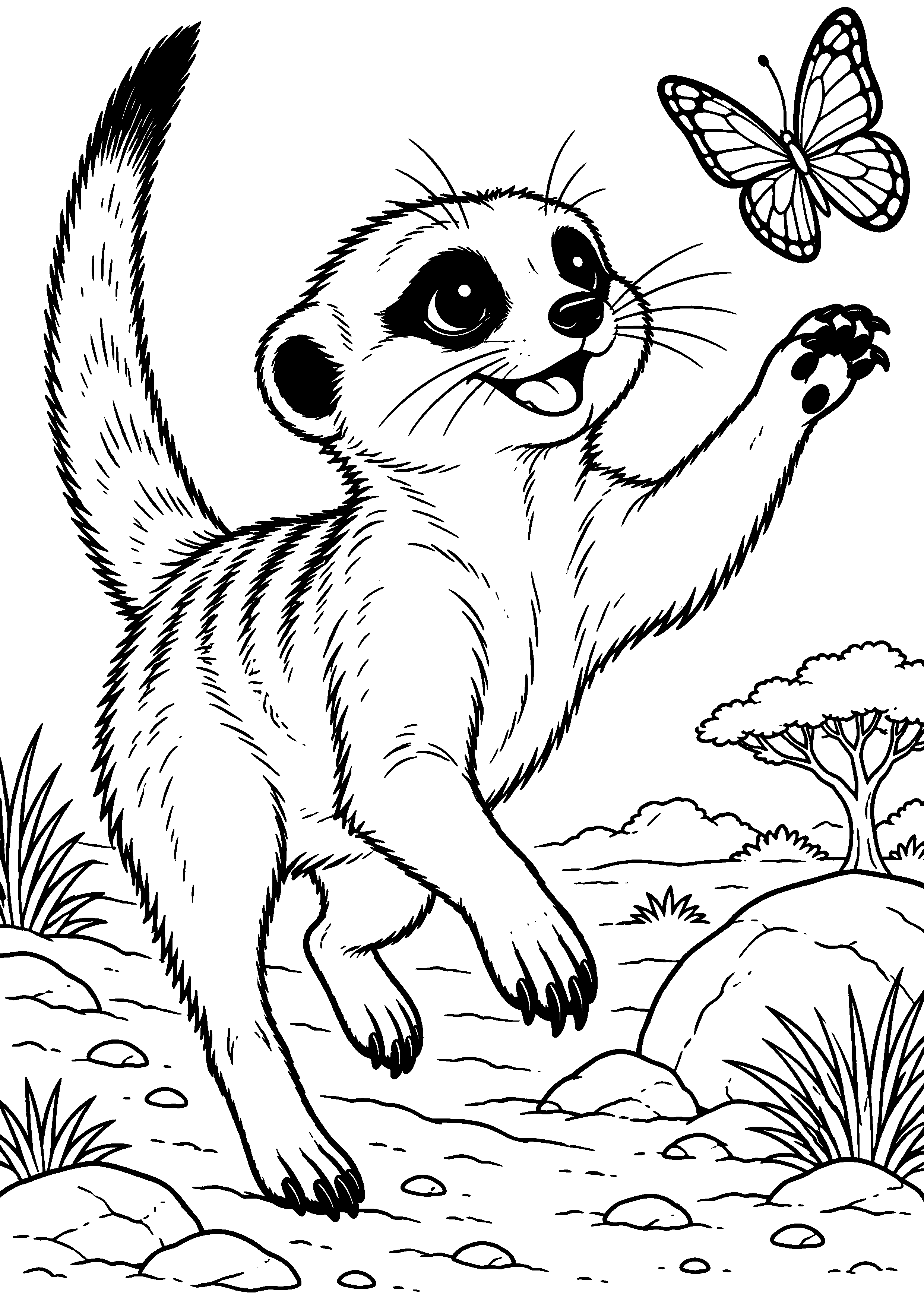 Grand coloriage d’un suricate sautant au-dessus d’un petit tronc, contours noirs nets sur fond blanc