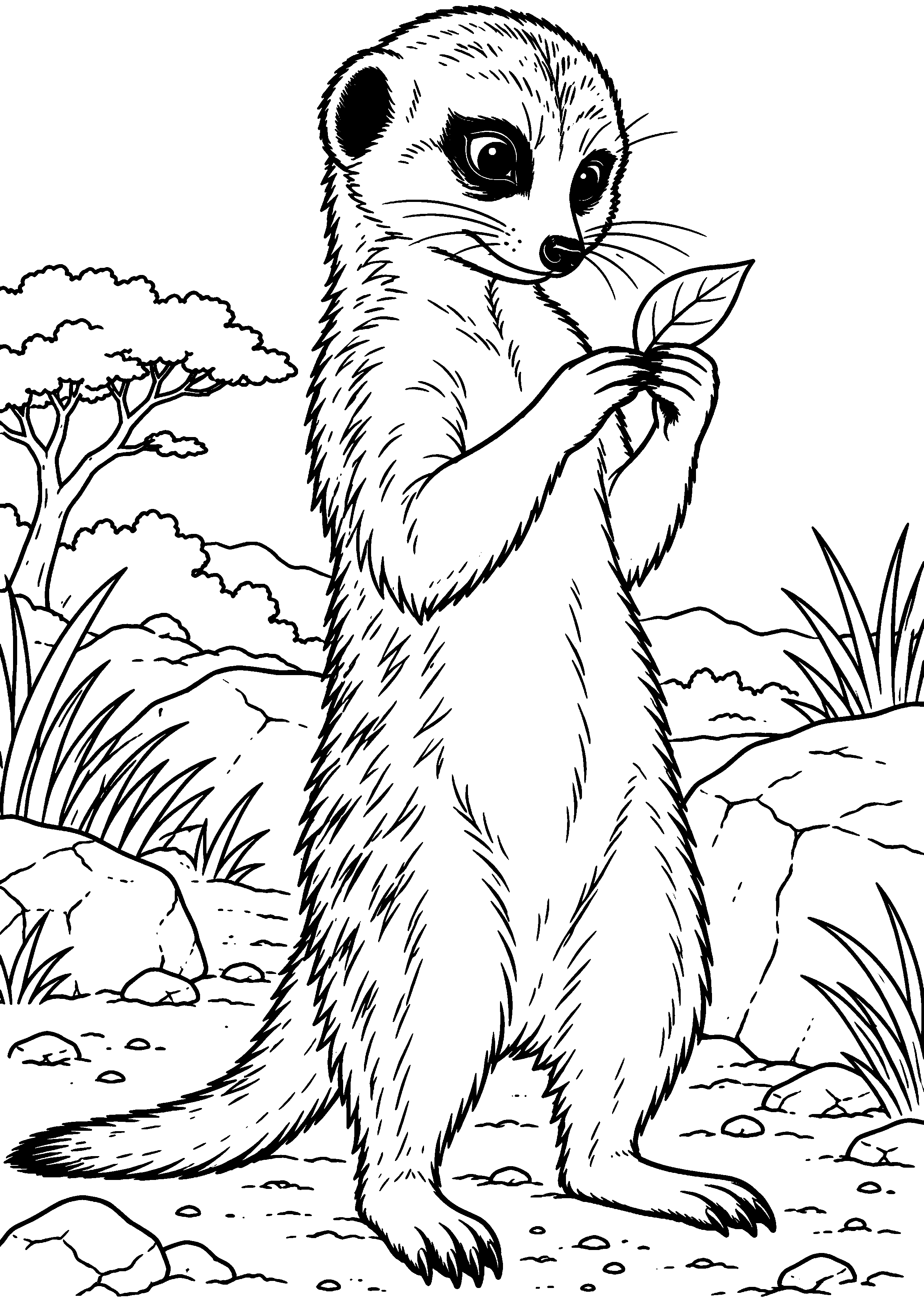 Grand coloriage d’un suricate se reposant sous un arbre, contours noirs nets sur fond blanc
