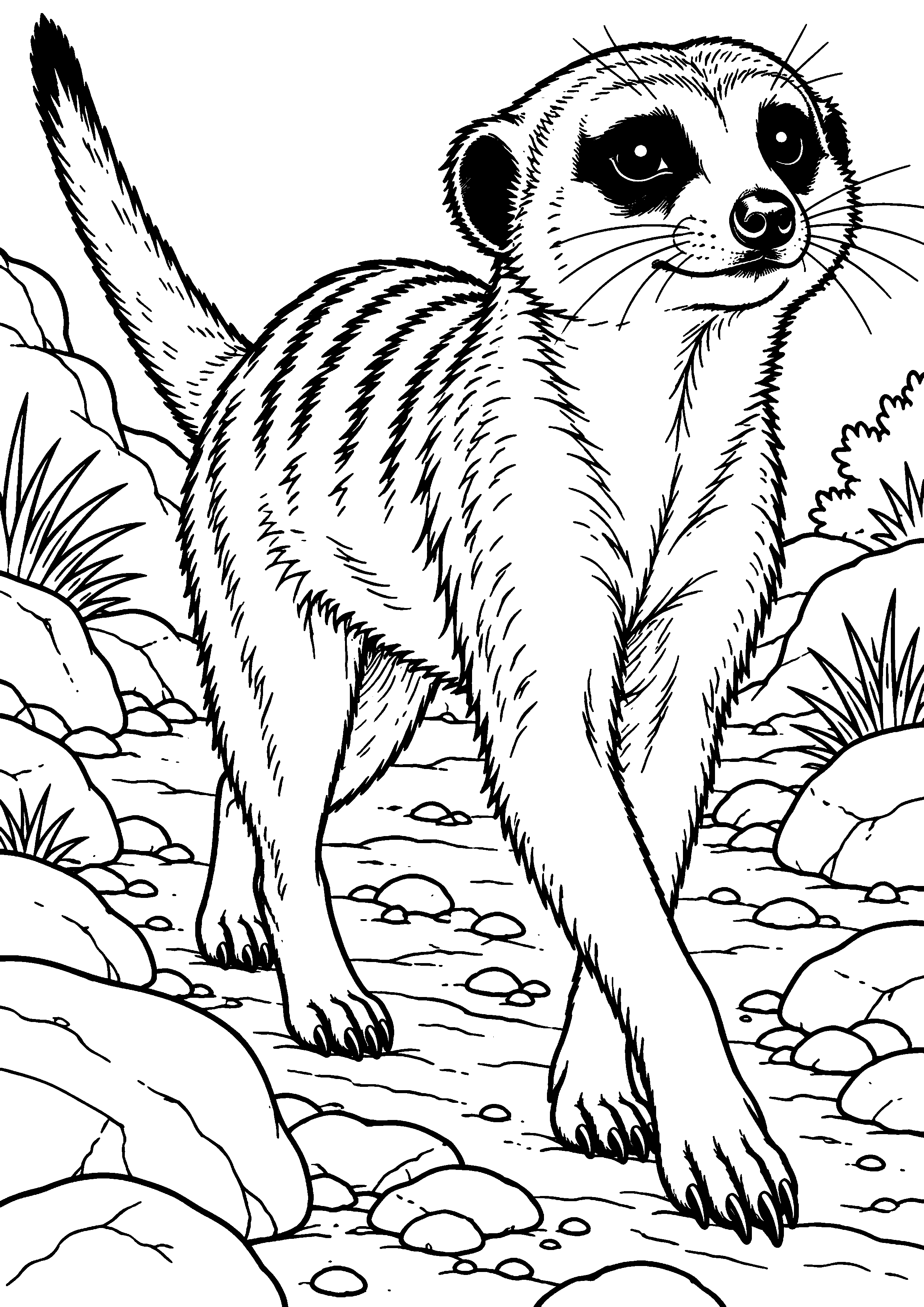 Grand coloriage d’un suricate reniflant des fleurs sauvages, contours noirs nets sur fond blanc