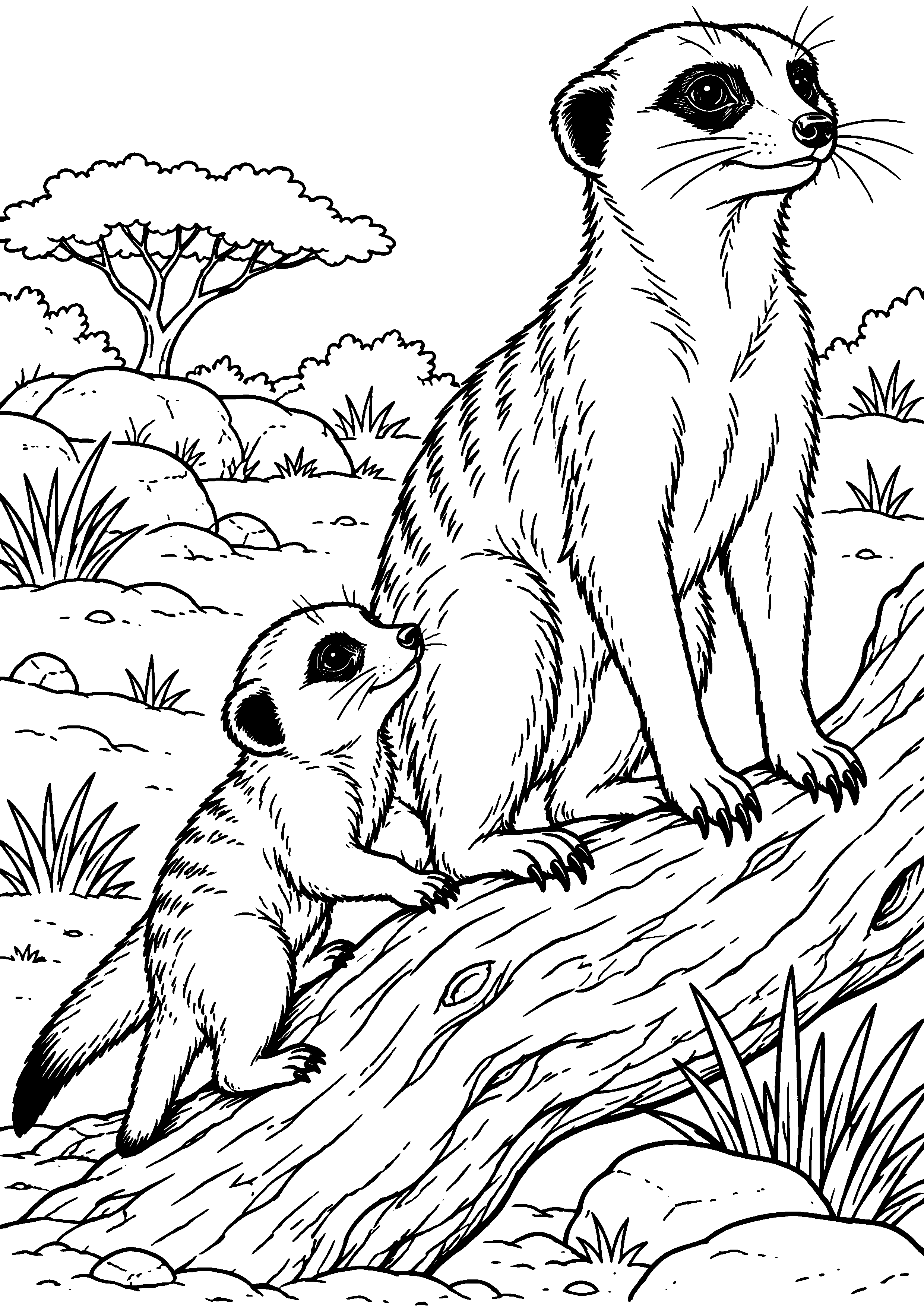 Grand coloriage d’un suricate au milieu de grandes feuilles d’automne, contours noirs nets sur fond blanc