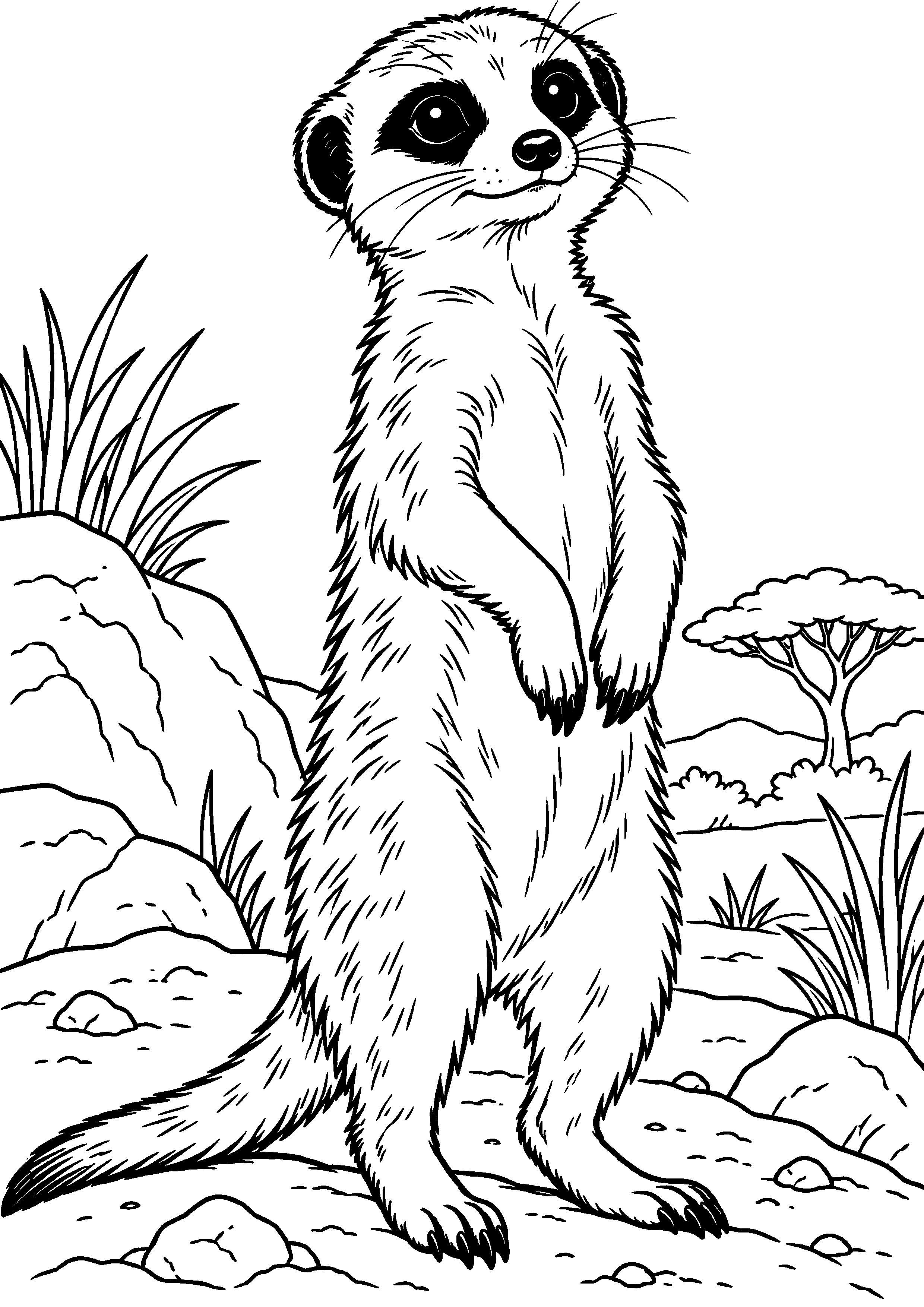 Grand coloriage d’un suricate dans un paysage d’hiver léger, contours noirs nets sur fond blanc