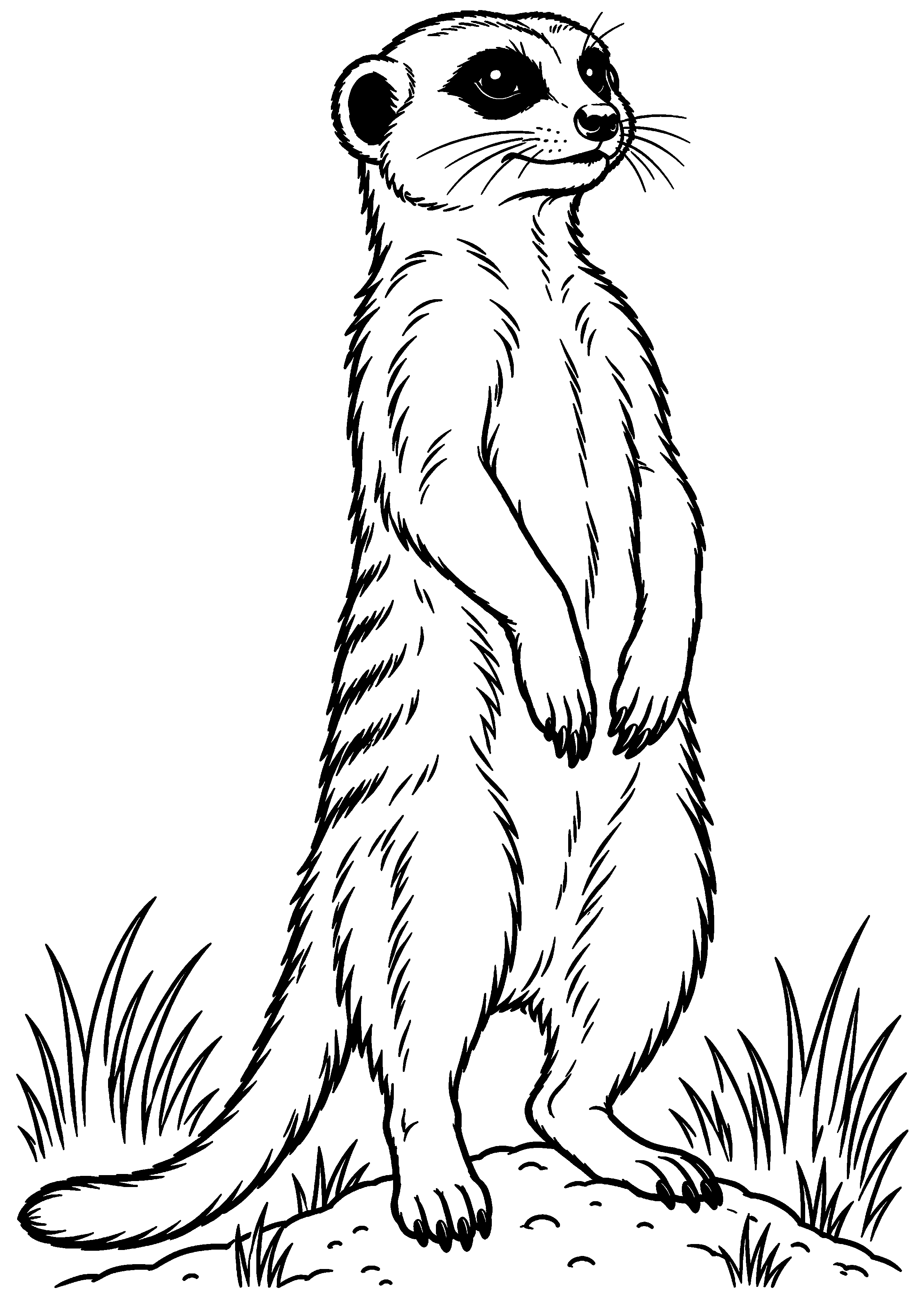 Grand coloriage d’un suricate debout en guetteur sur une petite butte, contours noirs nets sur fond blanc