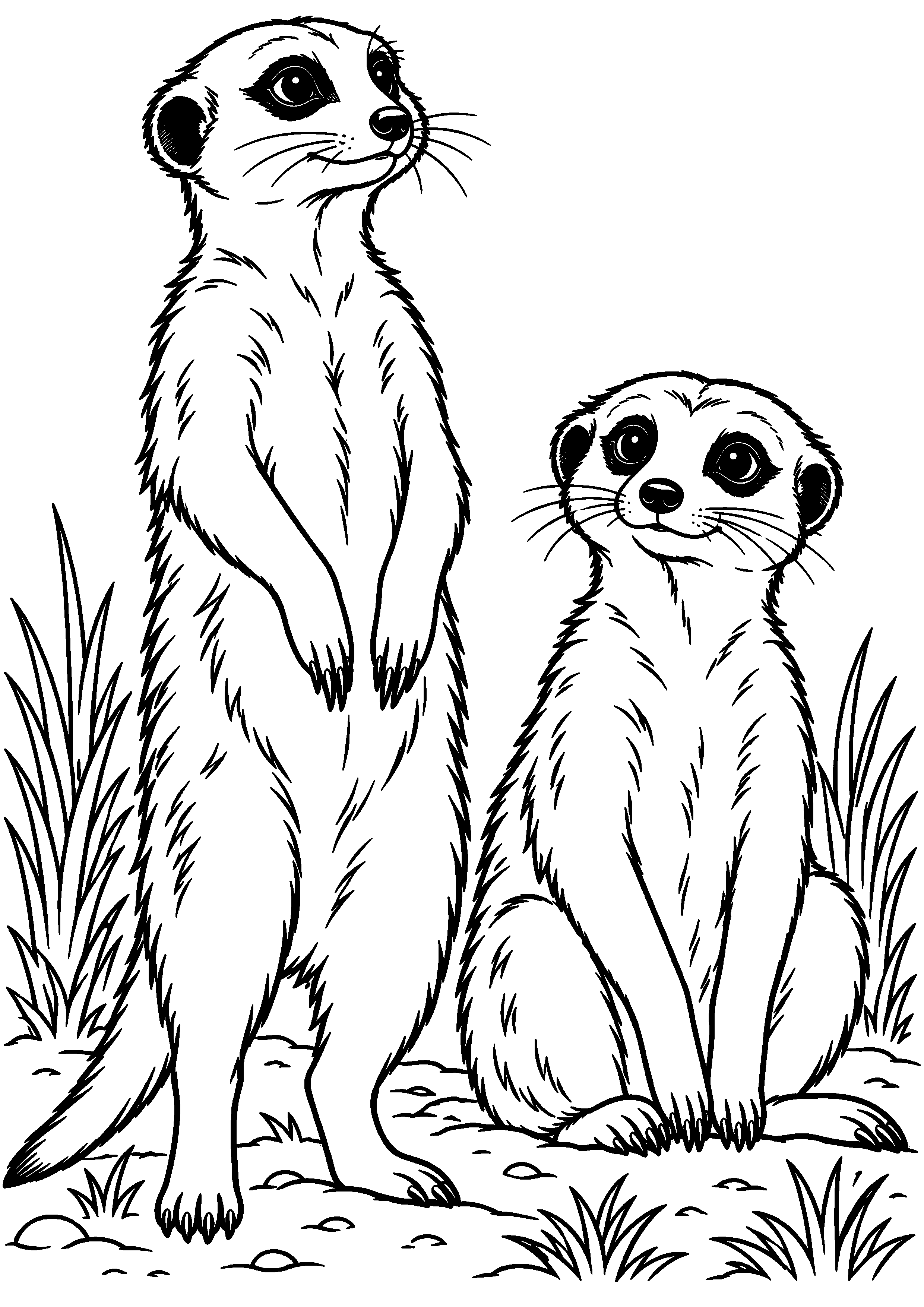 Grand coloriage d’un suricate adulte debout avec un jeune à ses côtés, contours noirs nets sur fond blanc