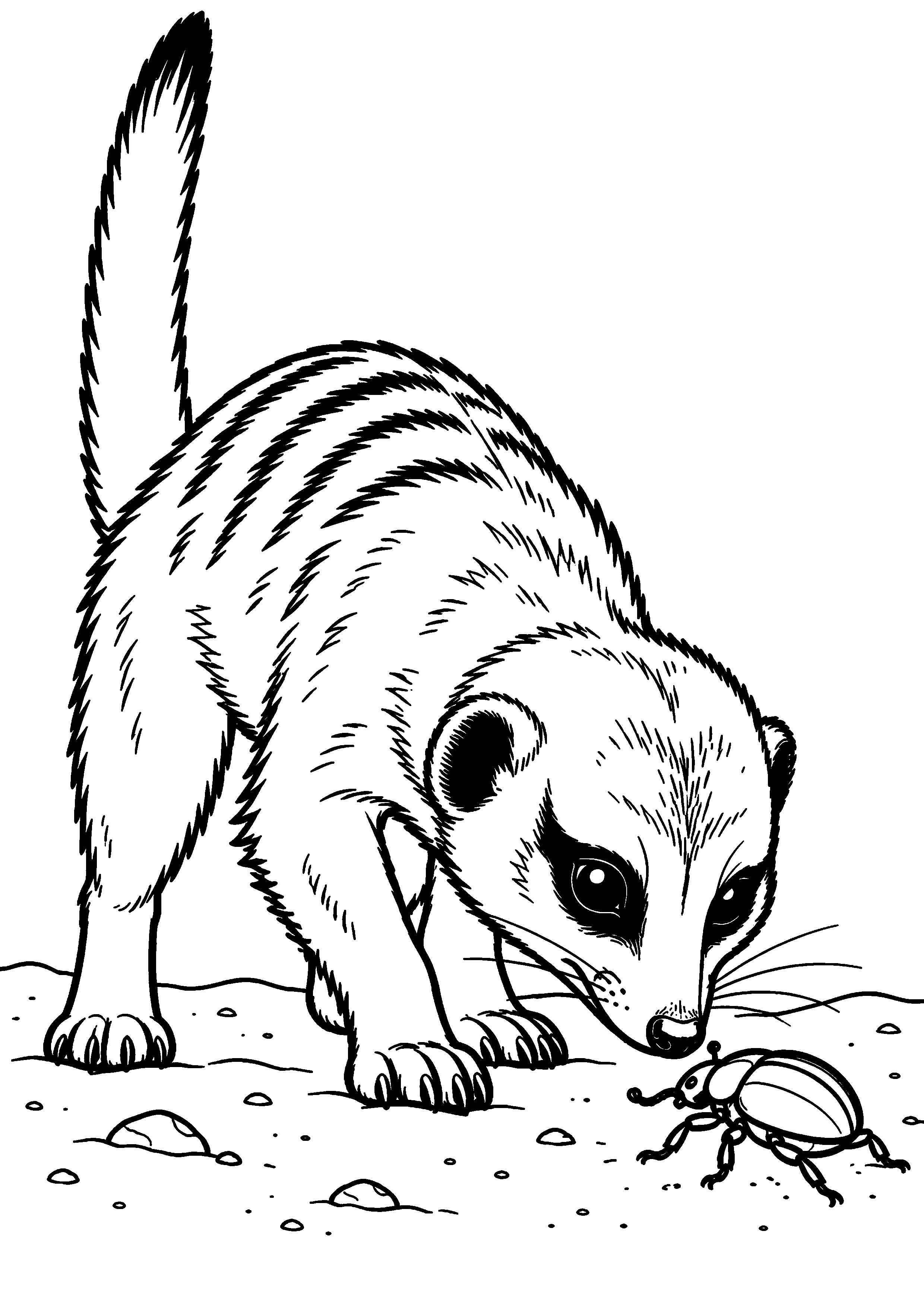 Grand coloriage d’un suricate reniflant un insecte au sol, contours noirs nets sur fond blanc