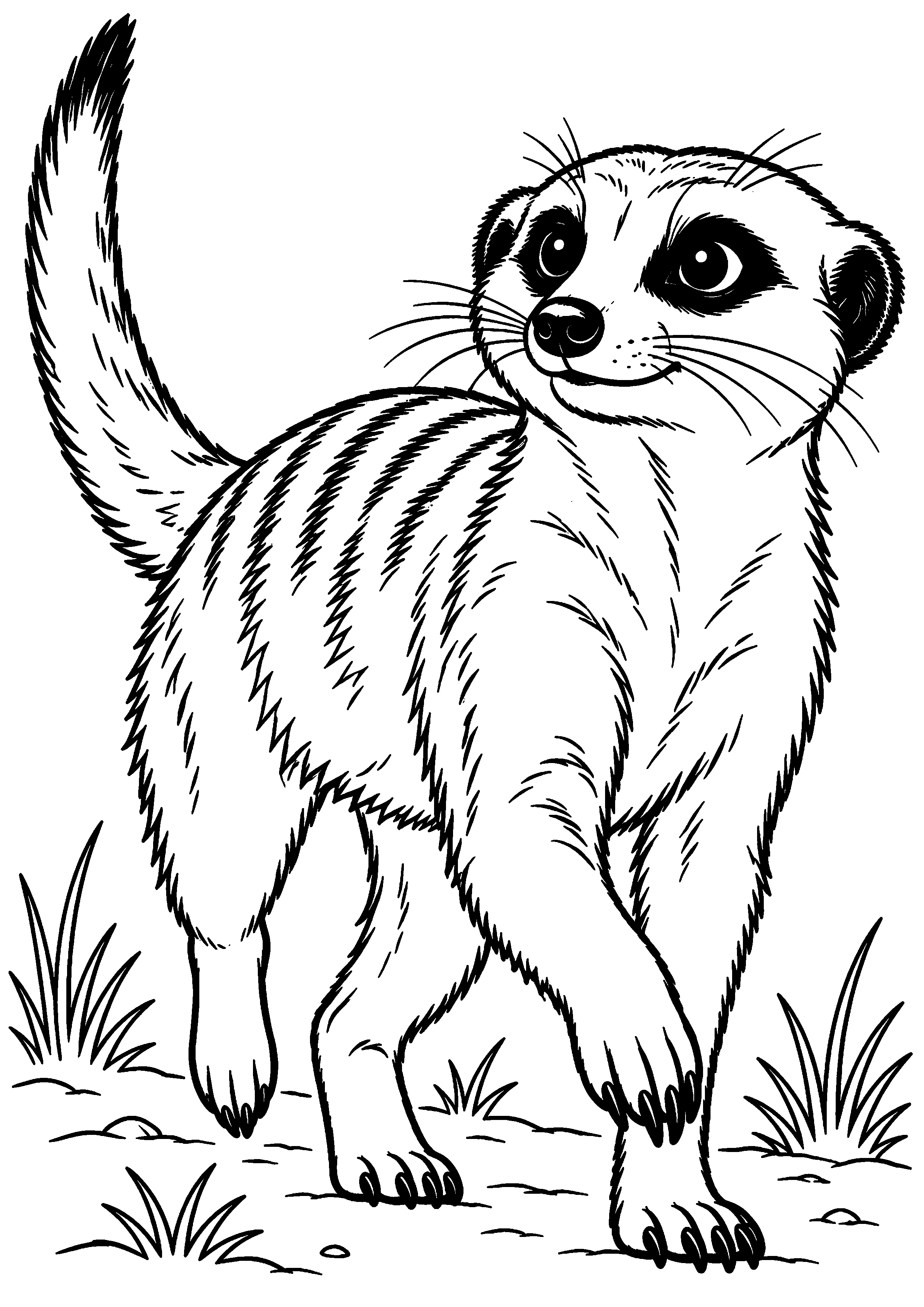 Grand coloriage d’un suricate marchant de profil la queue dressée, contours noirs nets sur fond blanc