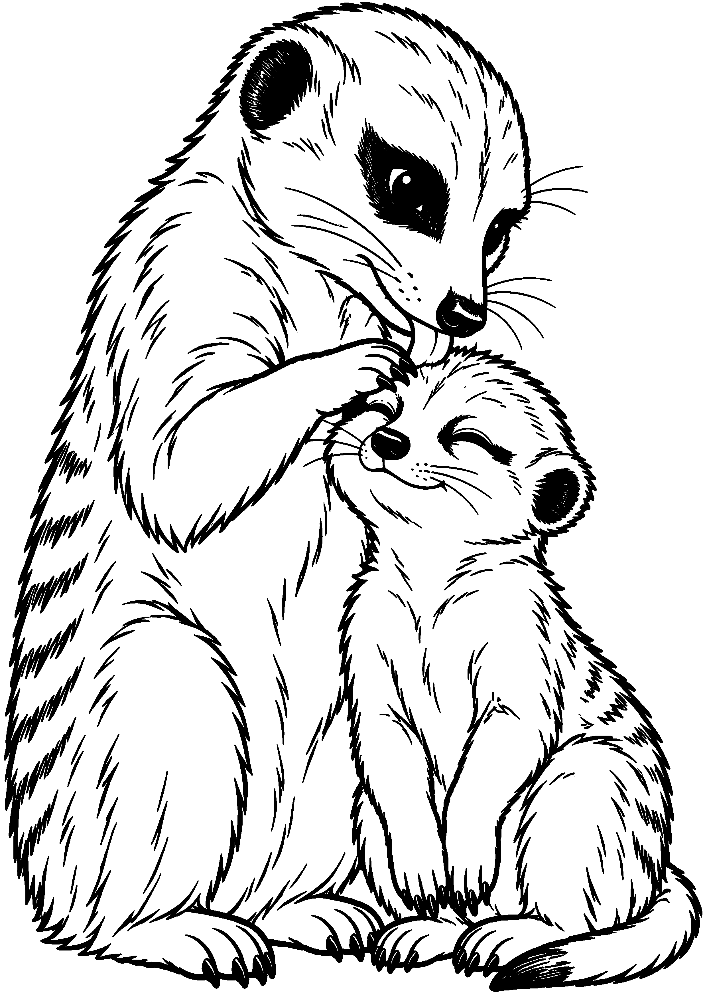 Grand coloriage d’un suricate adulte faisant la toilette de son petit, contours noirs nets sur fond blanc