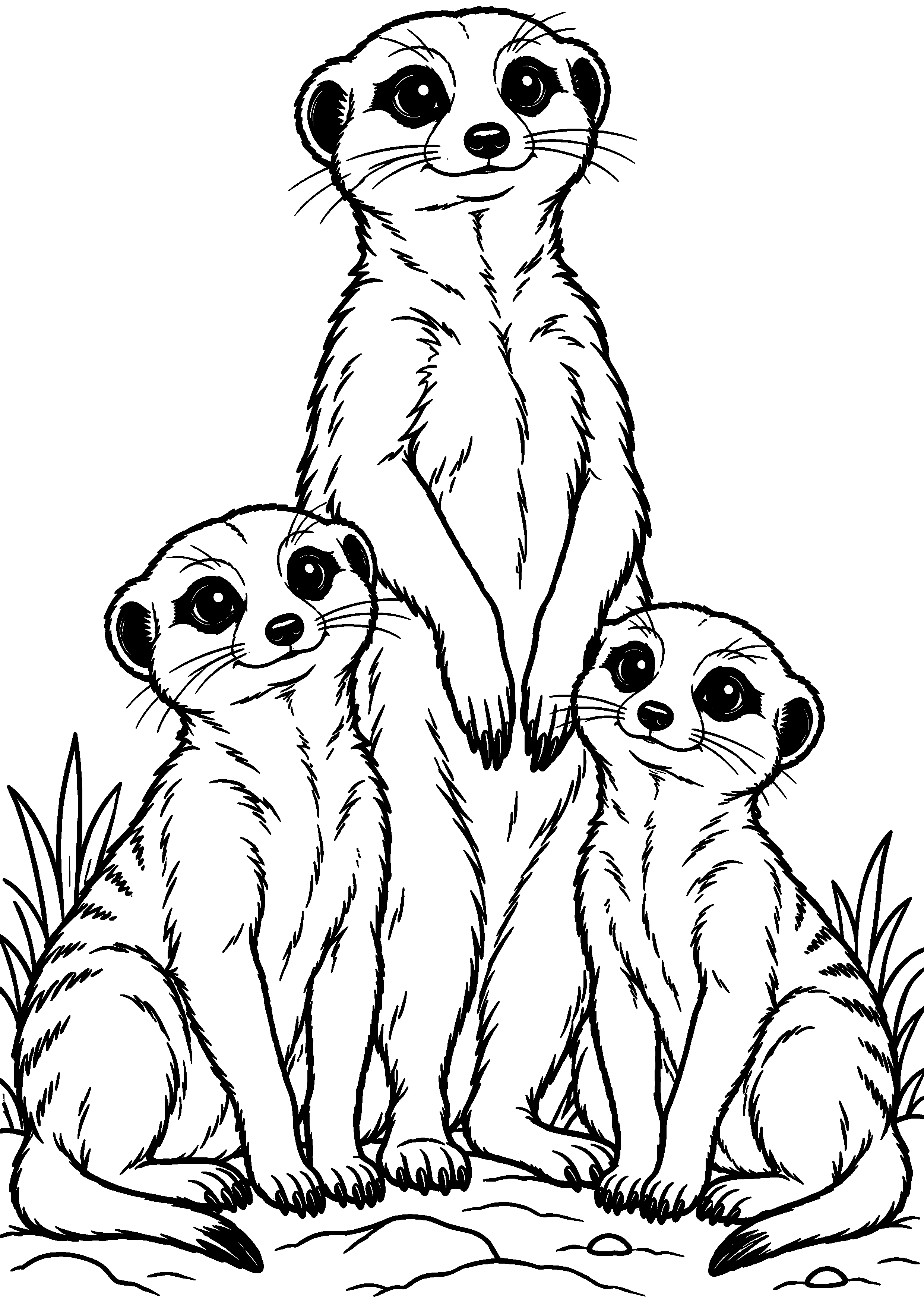 Grand coloriage d’un suricate en famille de quatre regroupée sur le sable, contours noirs nets sur fond blanc