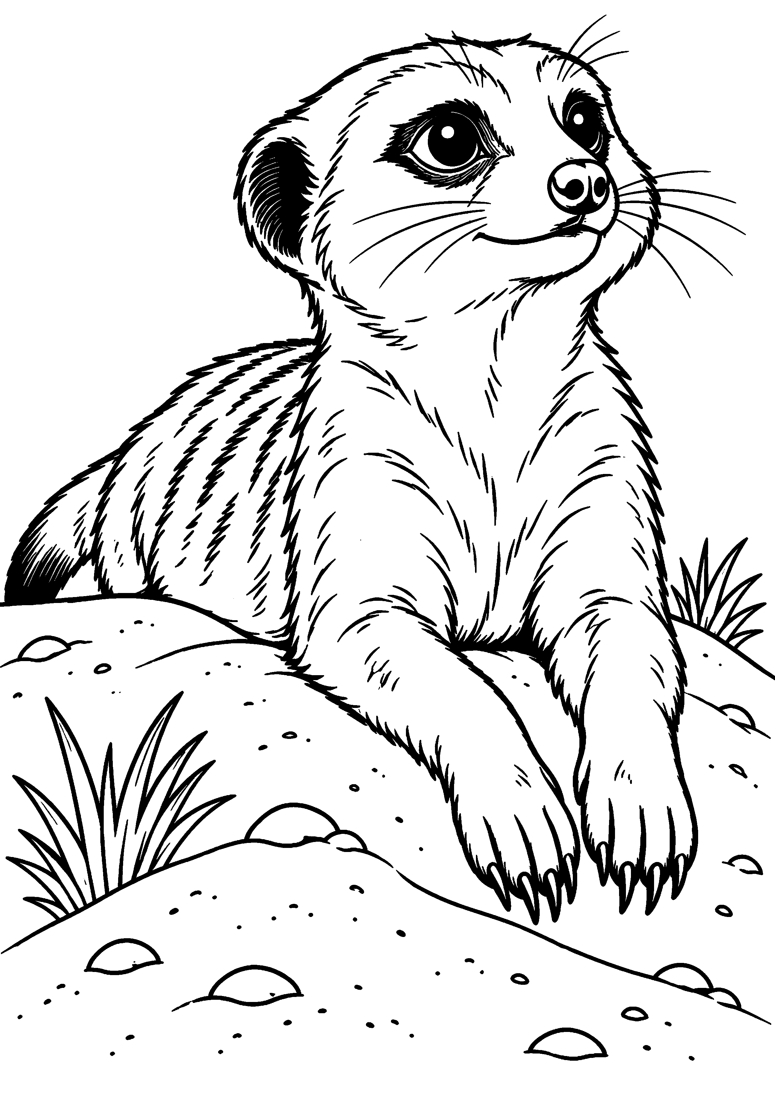 Grand coloriage d’un suricate allongé au repos sur une butte sableuse, contours noirs nets sur fond blanc