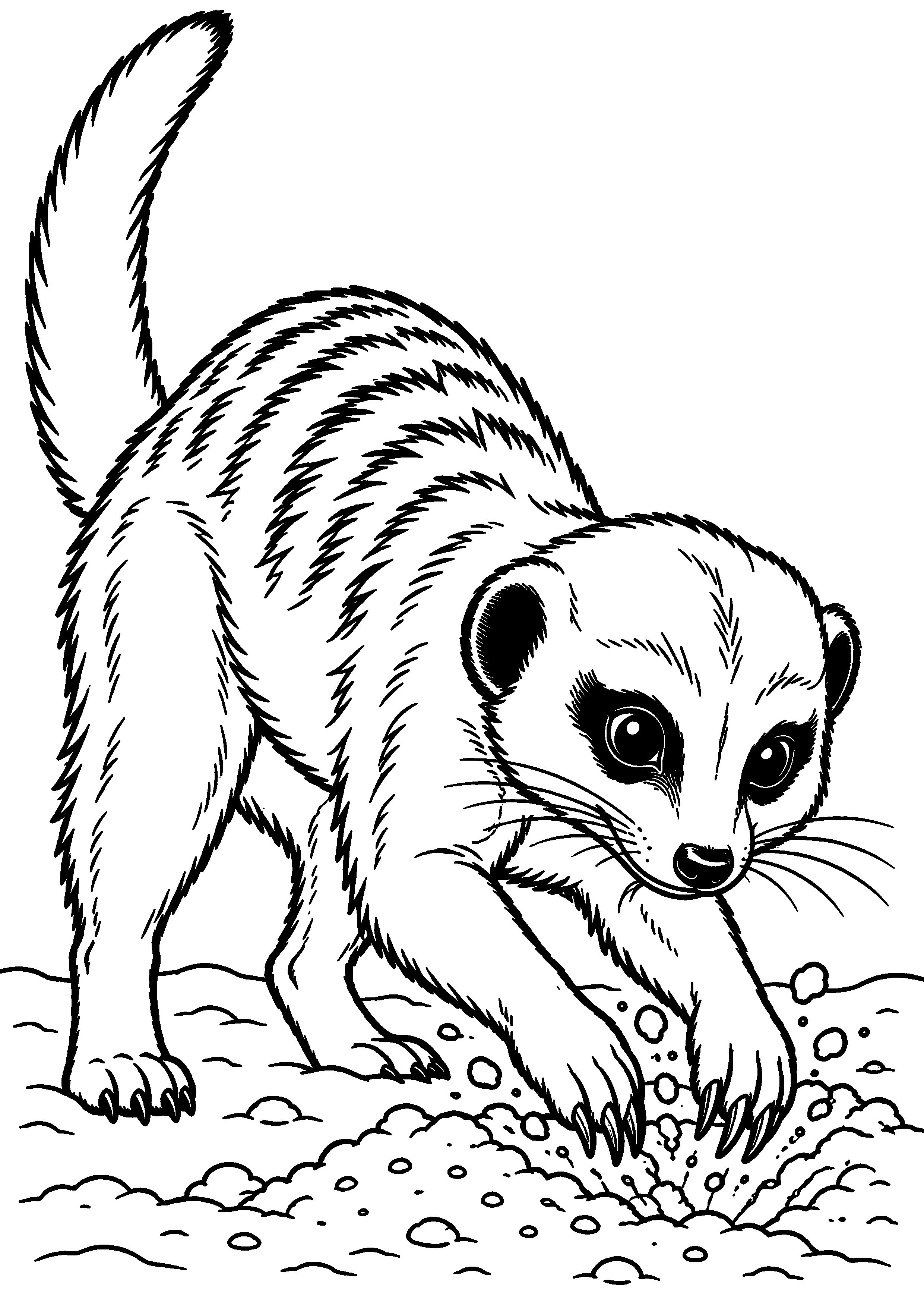 Grand coloriage d’un suricate creusant le sable avec ses pattes avant, contours noirs nets sur fond blanc