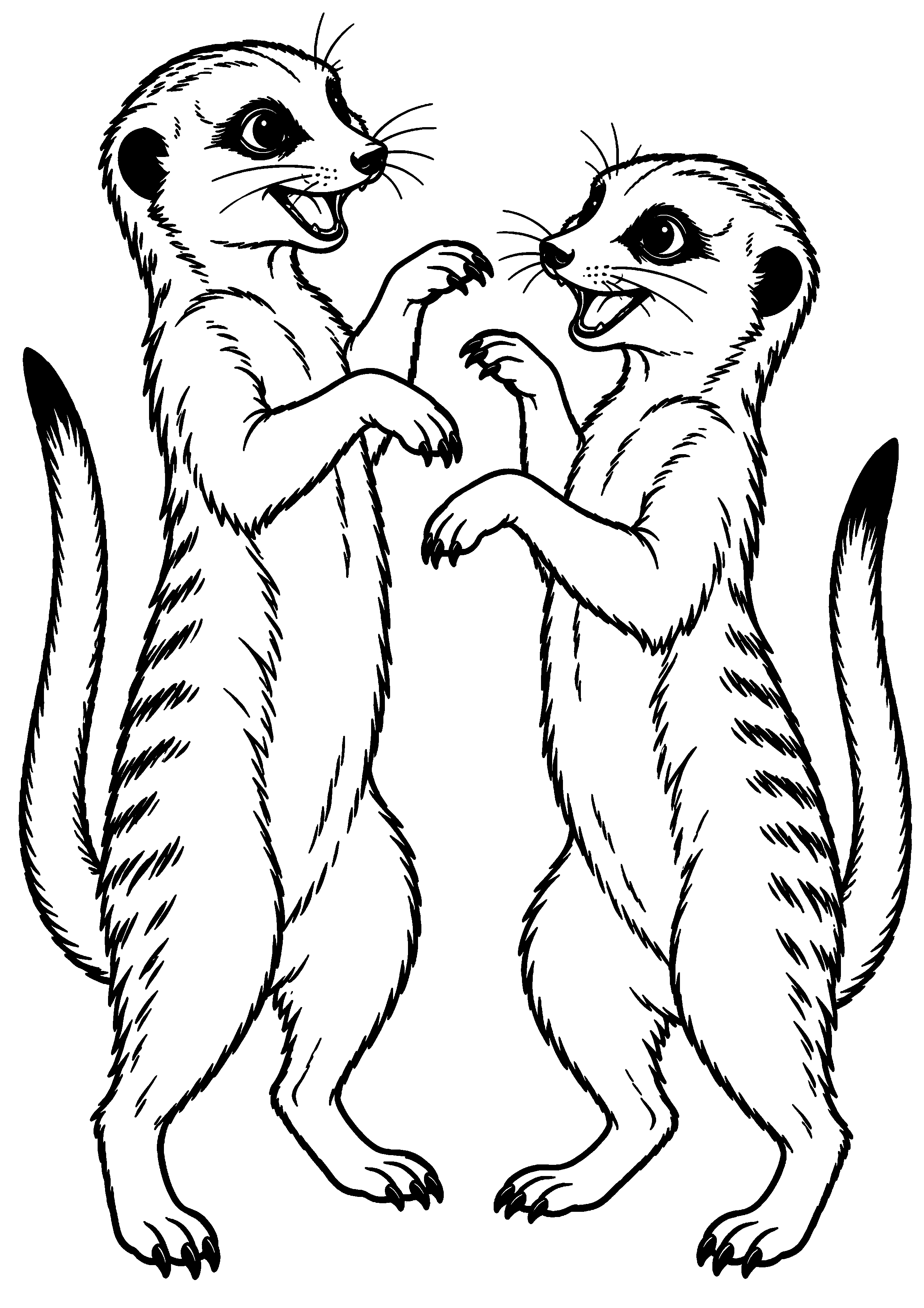 Grand coloriage de deux suricates jouant debout face à face, contours noirs nets sur fond blanc