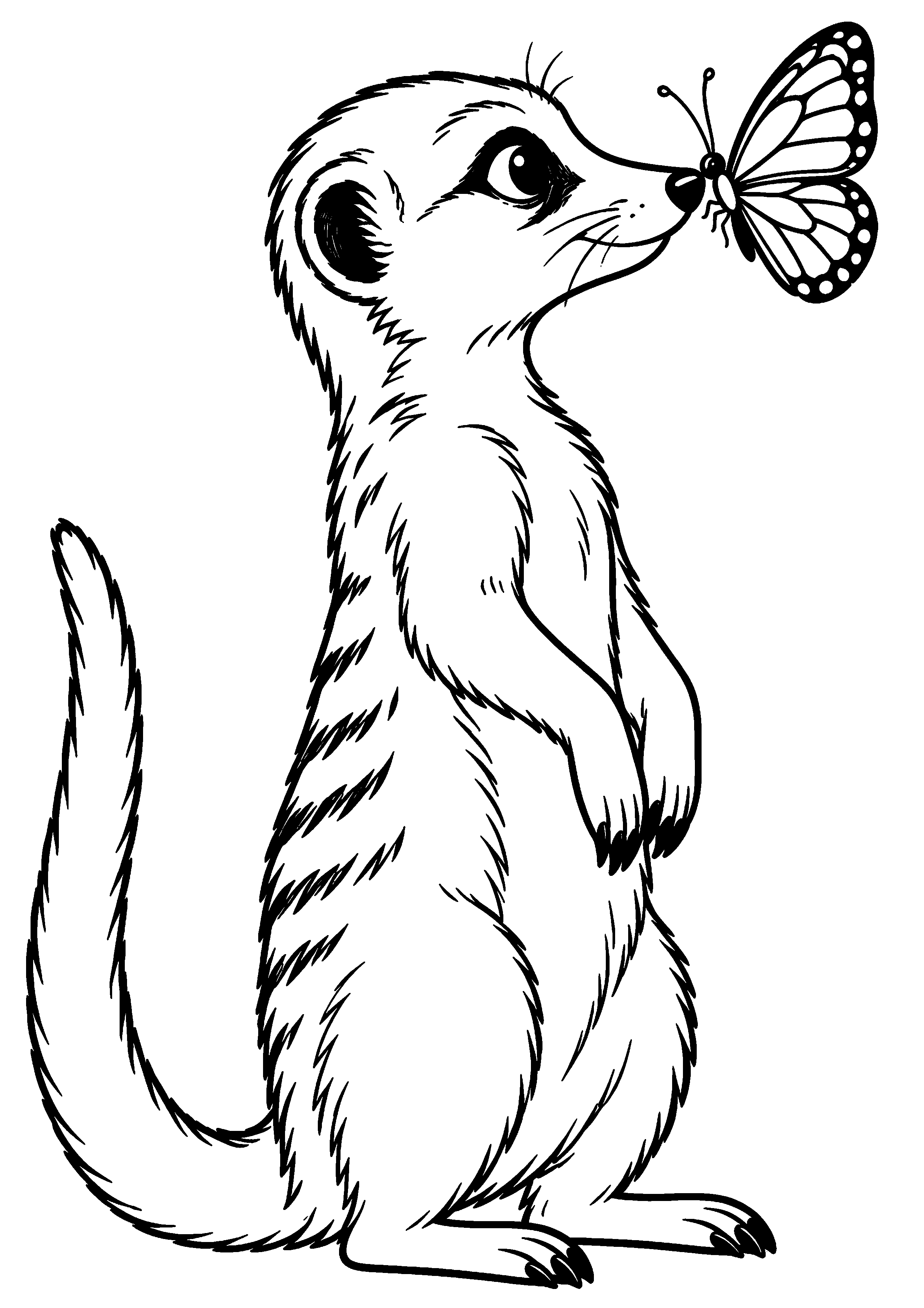 Grand coloriage d’un suricate observant un papillon posé sur son museau, contours noirs nets sur fond blanc