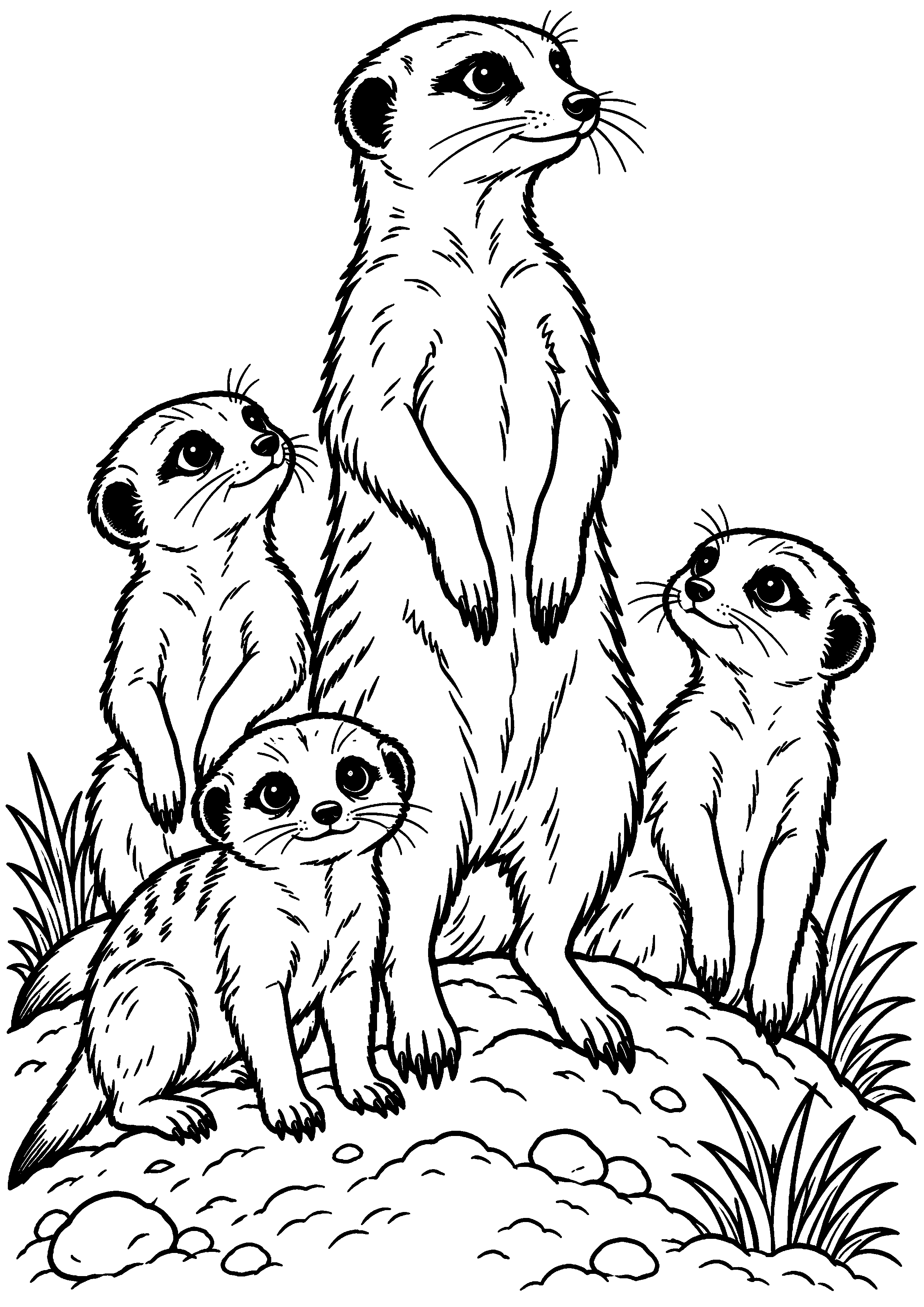 Grand coloriage d’une grande famille de suricates réunie sur une butte, contours noirs nets sur fond blanc