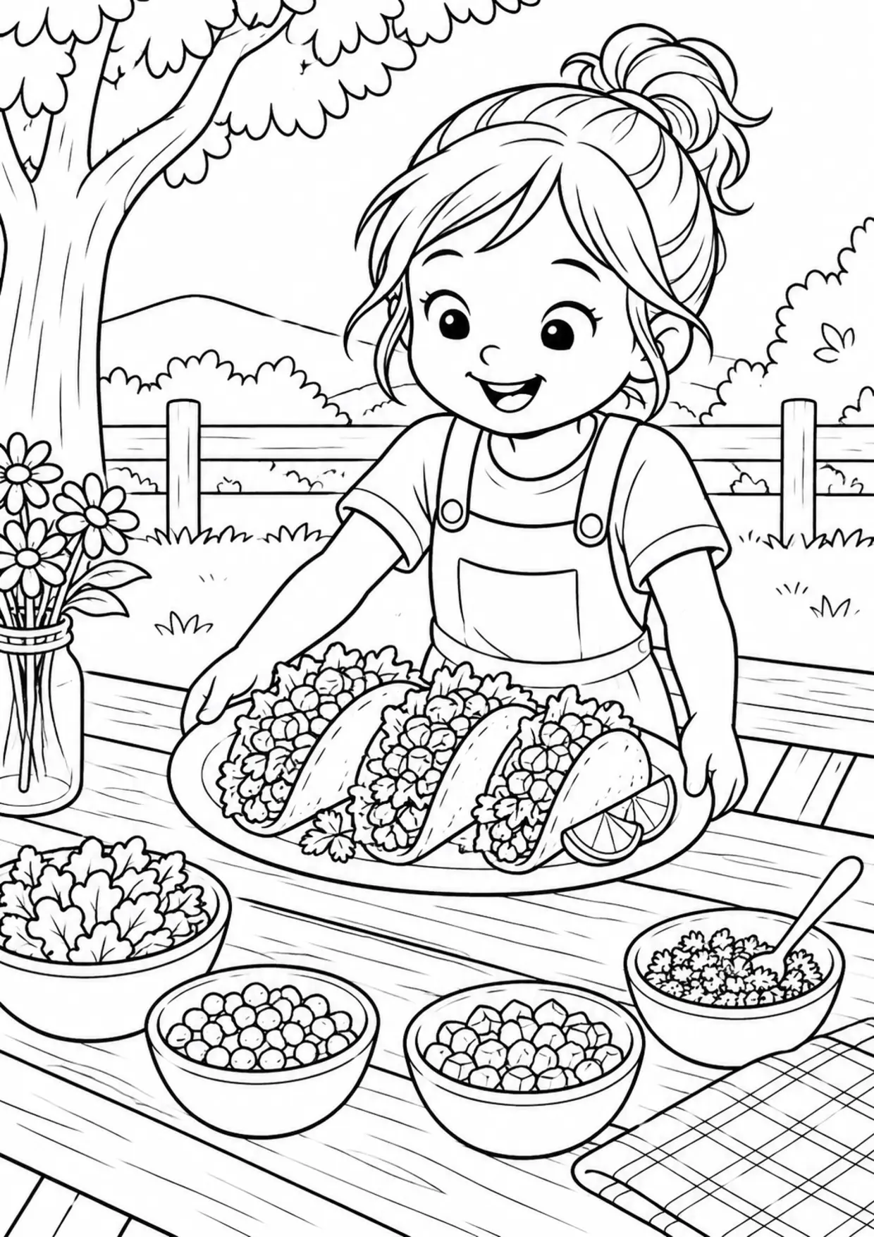 Coloriage Tacos : picnic à imprimer représentant picnic en dessin noir et blanc