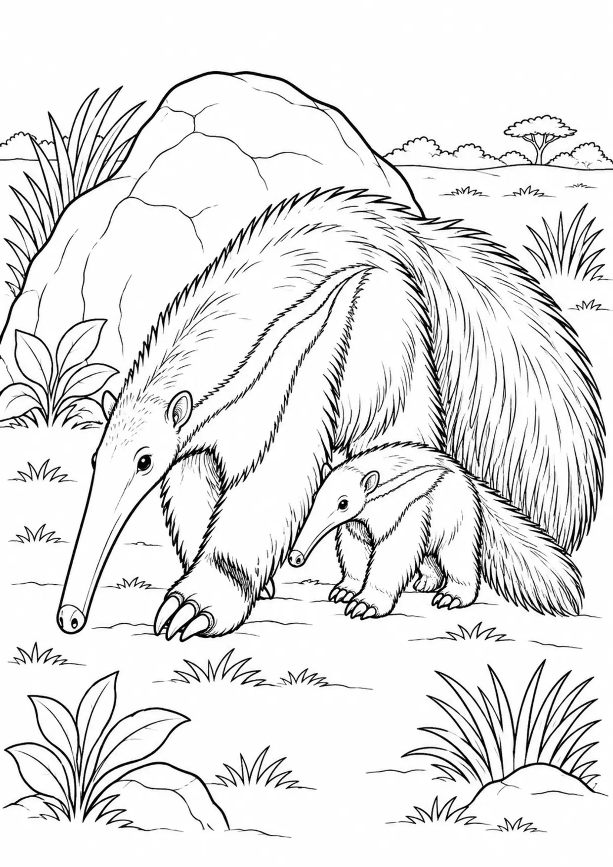 Coloriage tamanoir : adulte et petit près d’un rocher à imprimer