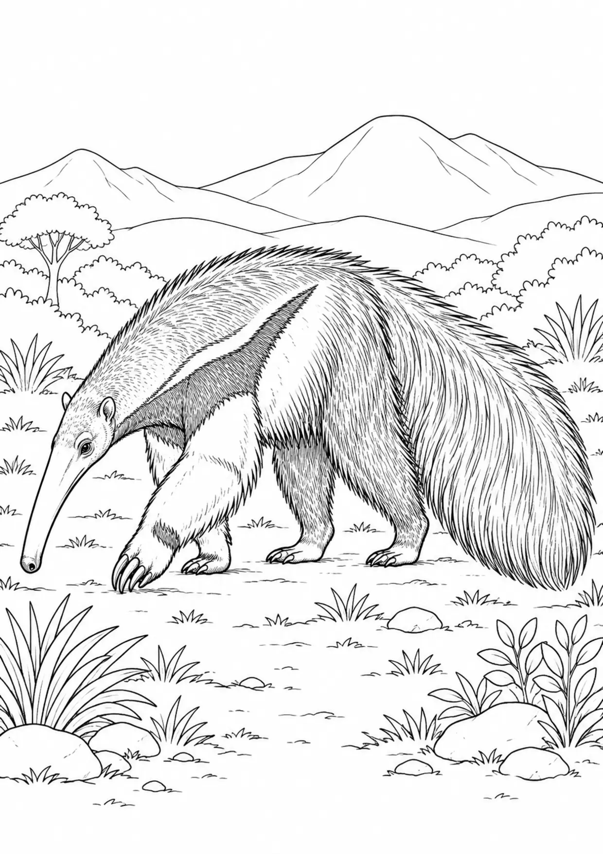 Coloriage tamanoir : animal dans un décor de montagnes, contours noirs nets et zones fermées sur fond blanc