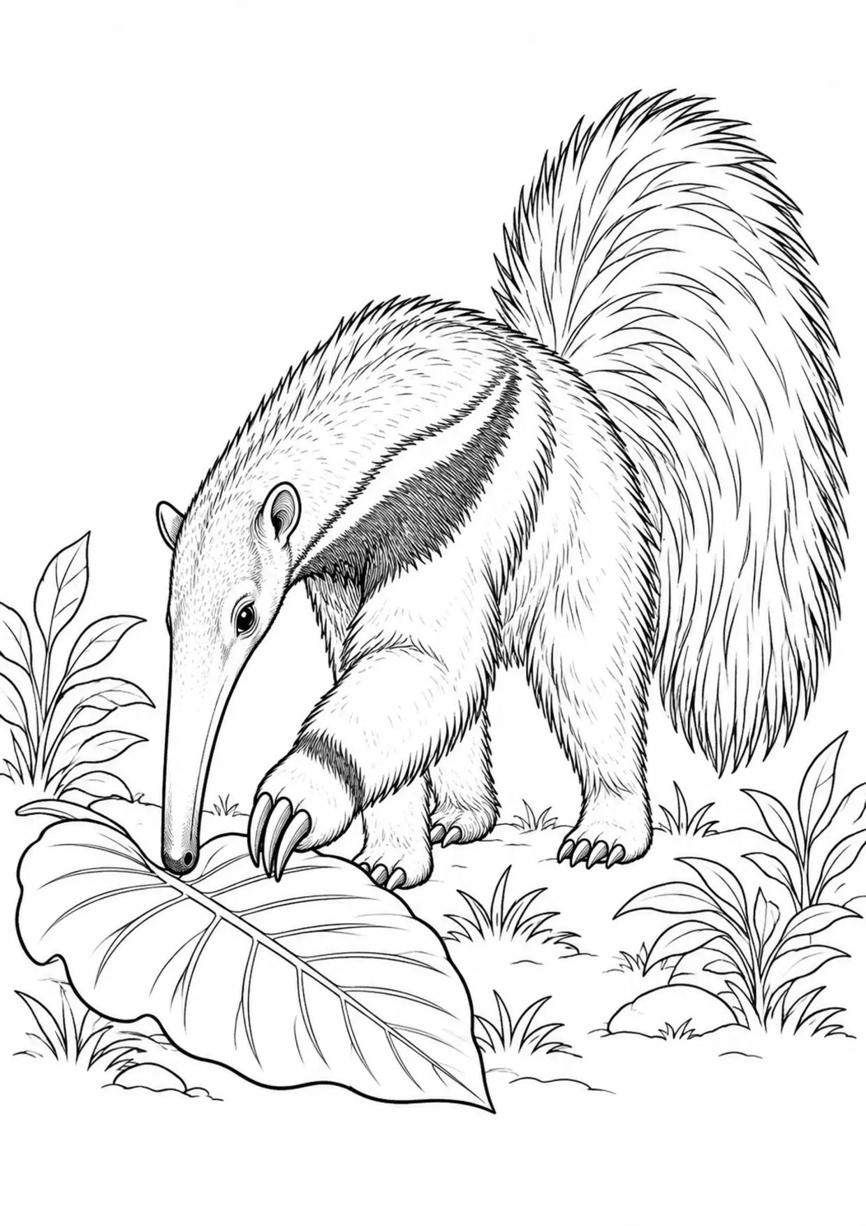 Coloriage tamanoir : jeune animal curieux avec une grande feuille à imprimer