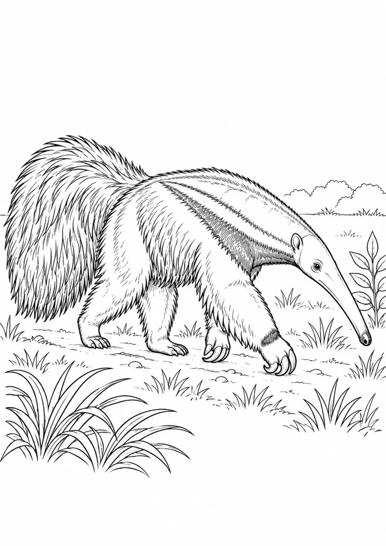 Coloriage tamanoir : profil marchant dans son habitat à imprimer