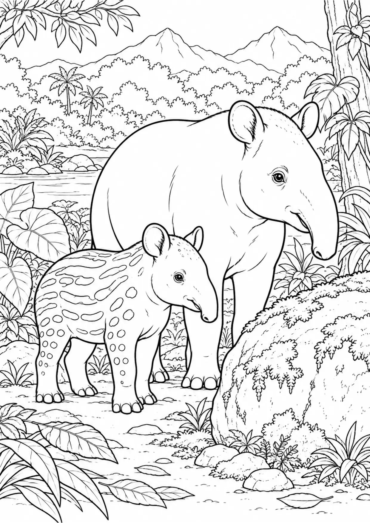 Coloriage tapir : adulte et petit près d’un rocher à imprimer