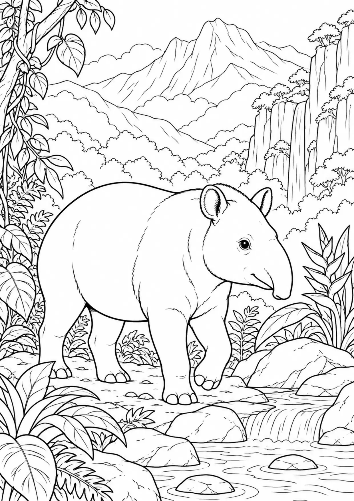 Coloriage tapir : animal dans un décor de montagnes, contours noirs nets et zones fermées sur fond blanc