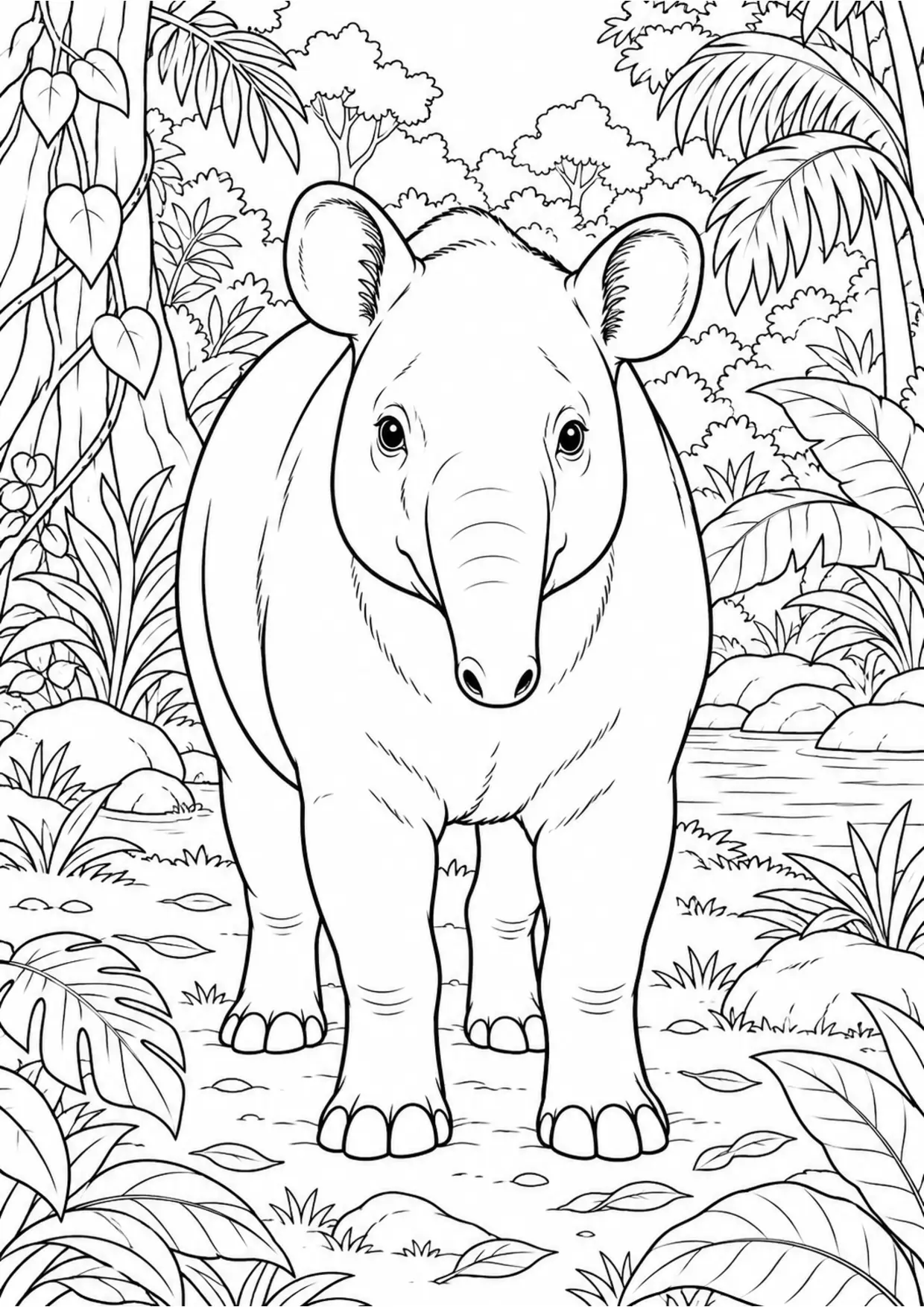 Coloriage tapir : grand portrait de face aux contours simples à imprimer
