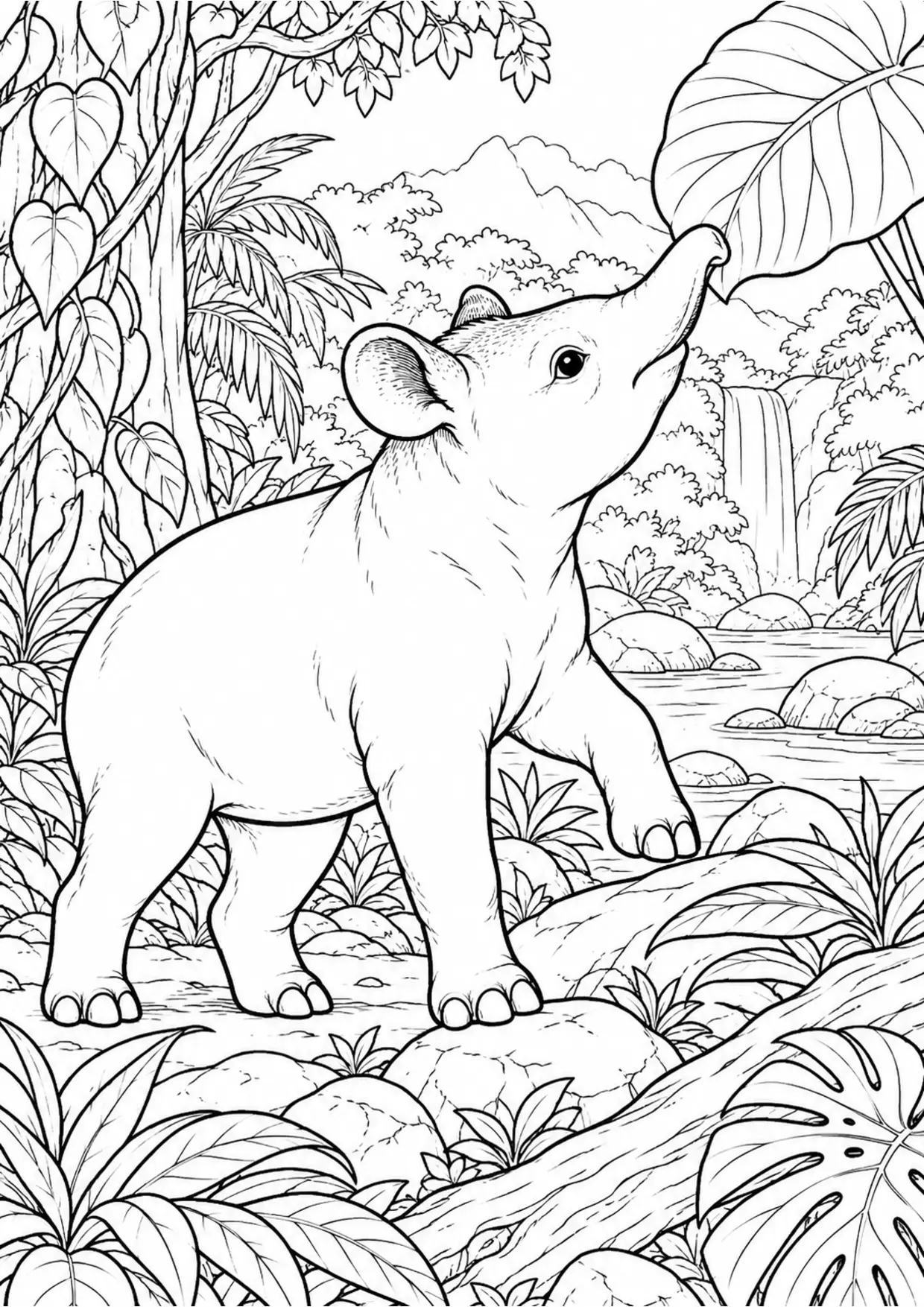 Coloriage tapir : jeune animal curieux avec une grande feuille à imprimer