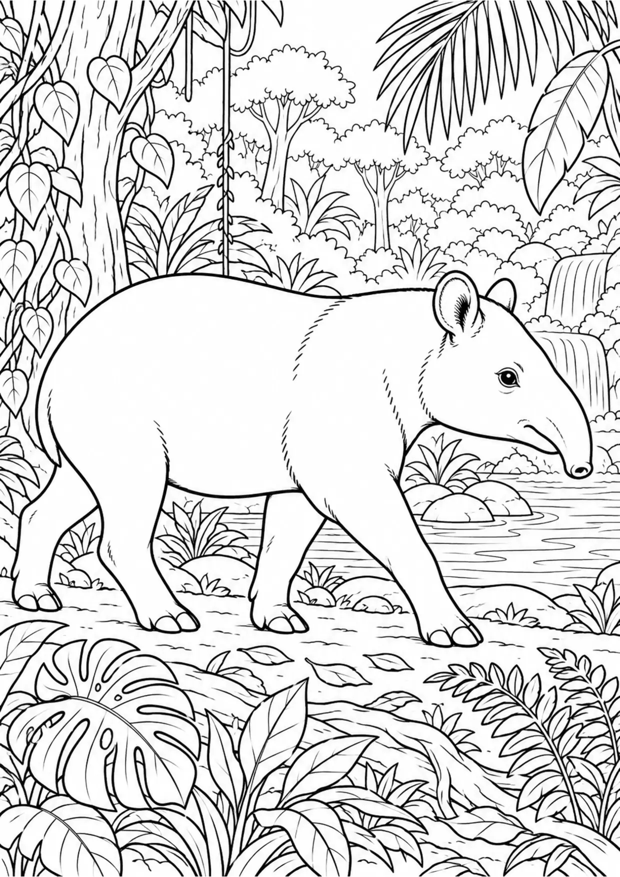 Coloriage tapir : profil marchant dans son habitat à imprimer