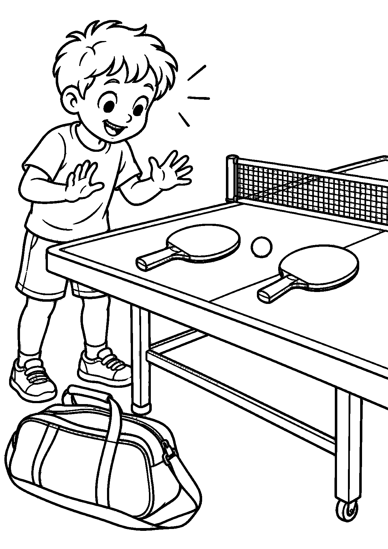 Coloriage tennis de table : enfant découvrant le matériel sportif à imprimer