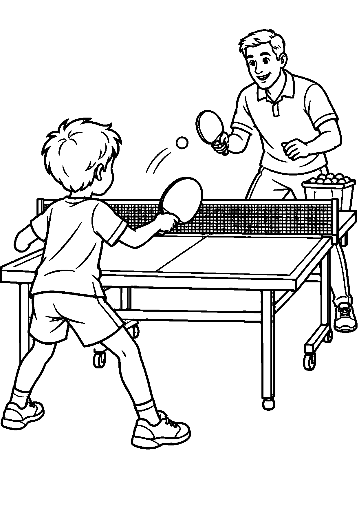 Coloriage tennis de table : enfant et adulte lors d’un entraînement à imprimer