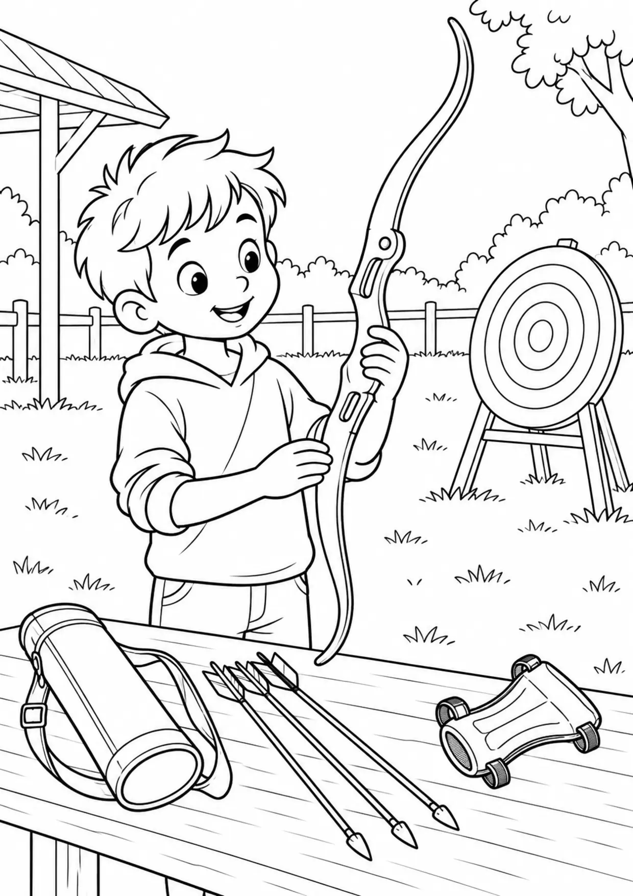 Coloriage tir à l’arc : enfant découvrant le matériel sportif à imprimer