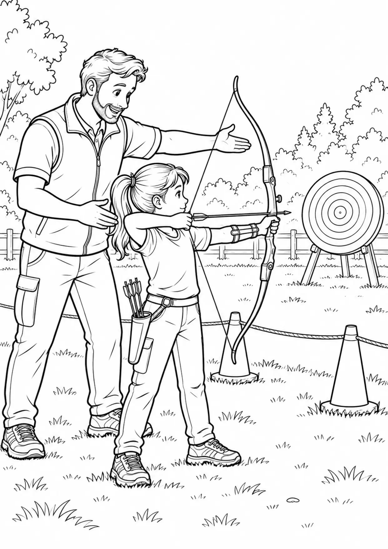Coloriage tir à l’arc : enfant et adulte lors d’un entraînement à imprimer