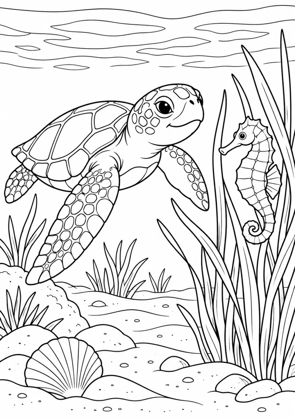 Coloriage tortue marine : hippocampe à imprimer montrant hippocampe, dessin noir et blanc