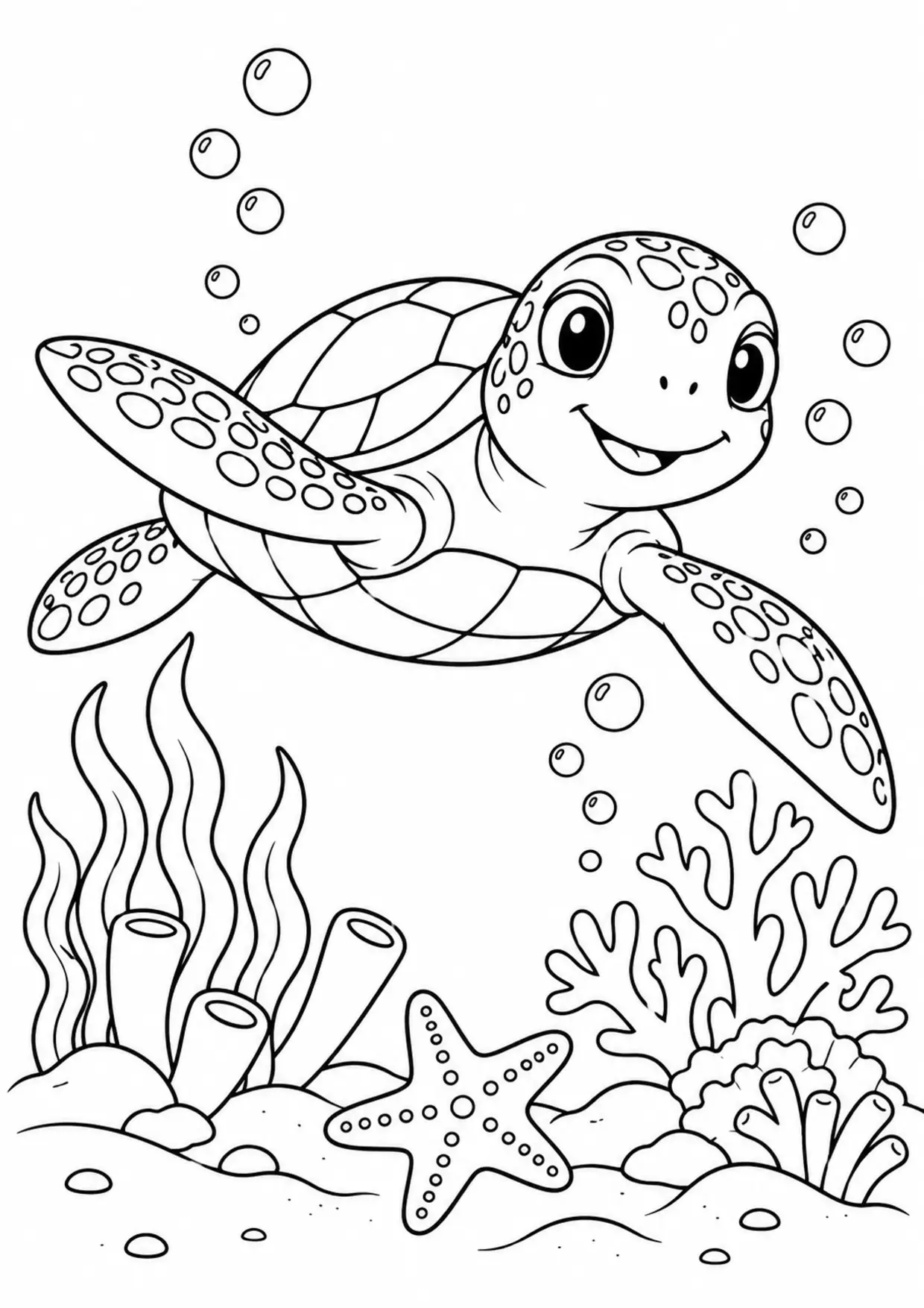 Coloriage tortue marine : récif à imprimer montrant récif, dessin noir et blanc