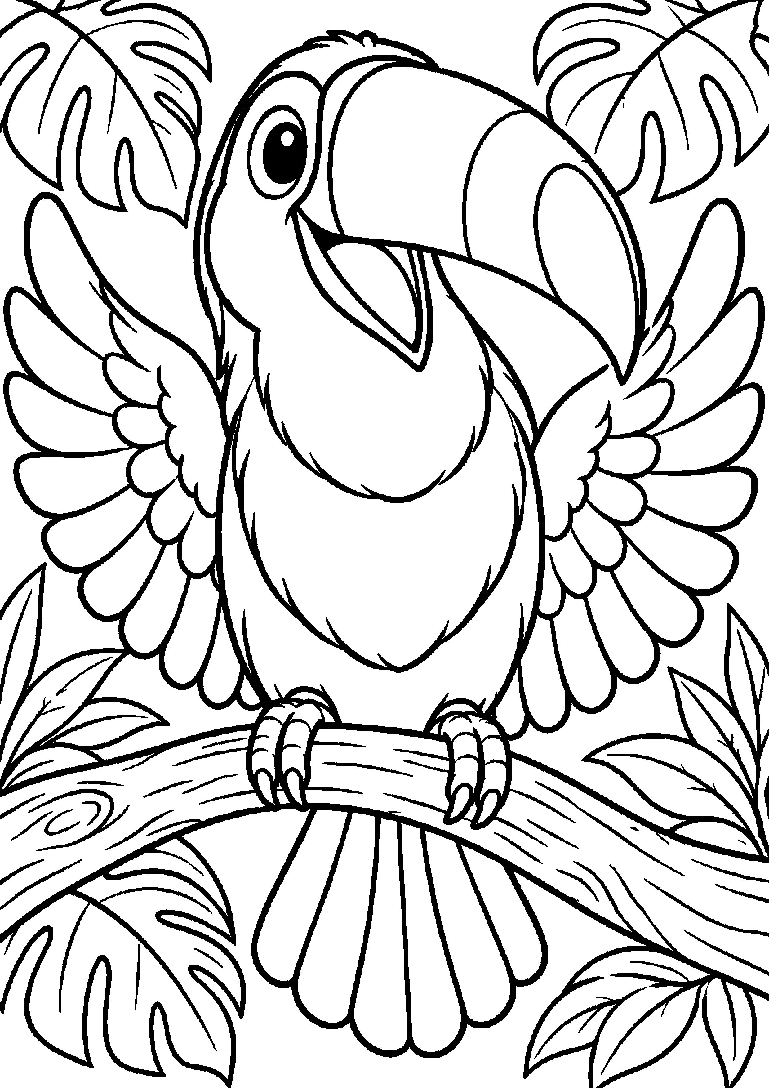 Grand coloriage d’un toucan de profil perché avec le plumage bien lisible, contours noirs nets sur fond blanc