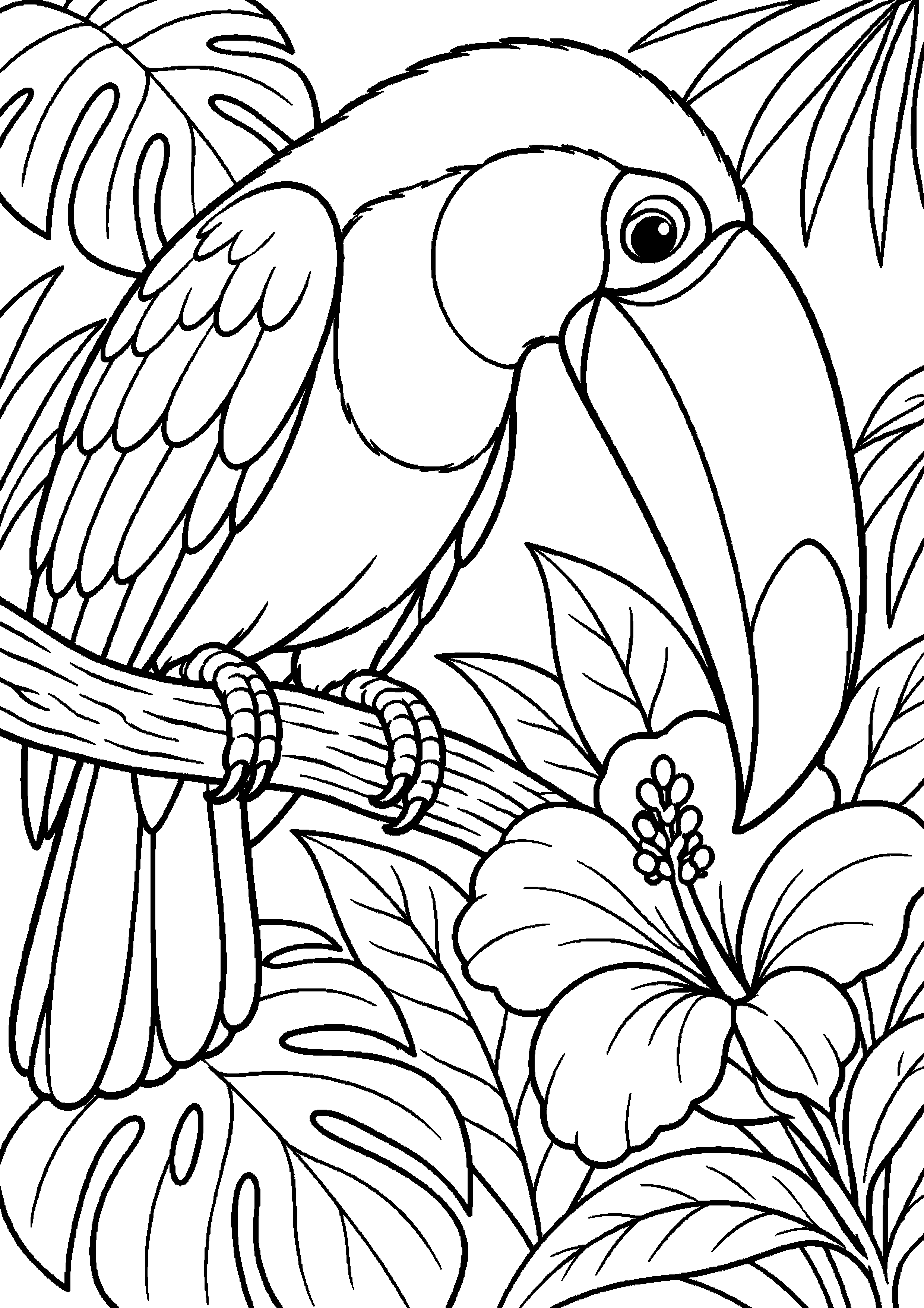 Grand coloriage d’un toucan en vol de profil plein cadre, contours noirs nets sur fond blanc