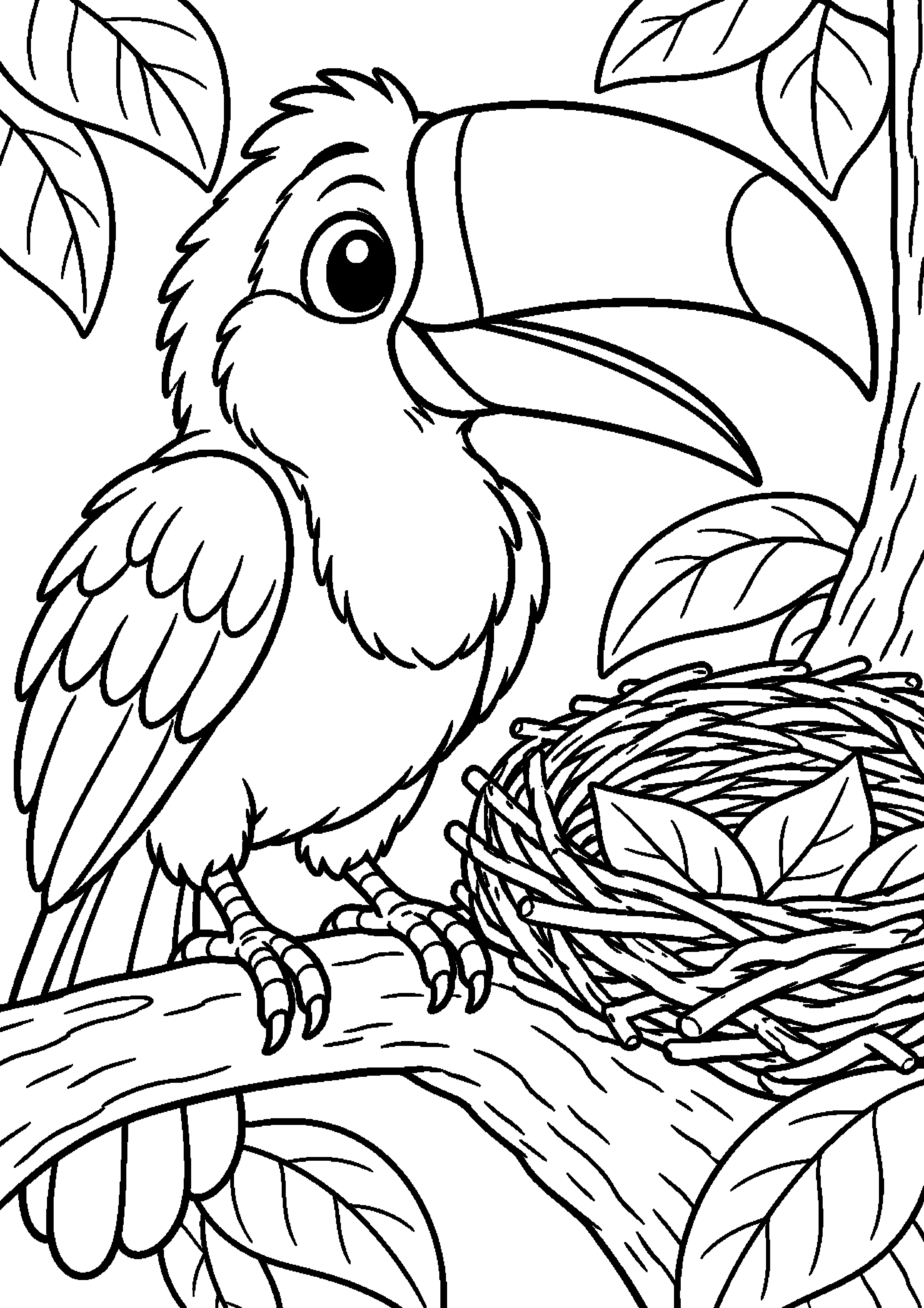 Grand coloriage d’un toucan buvant près d’une grande fleur, contours noirs nets sur fond blanc