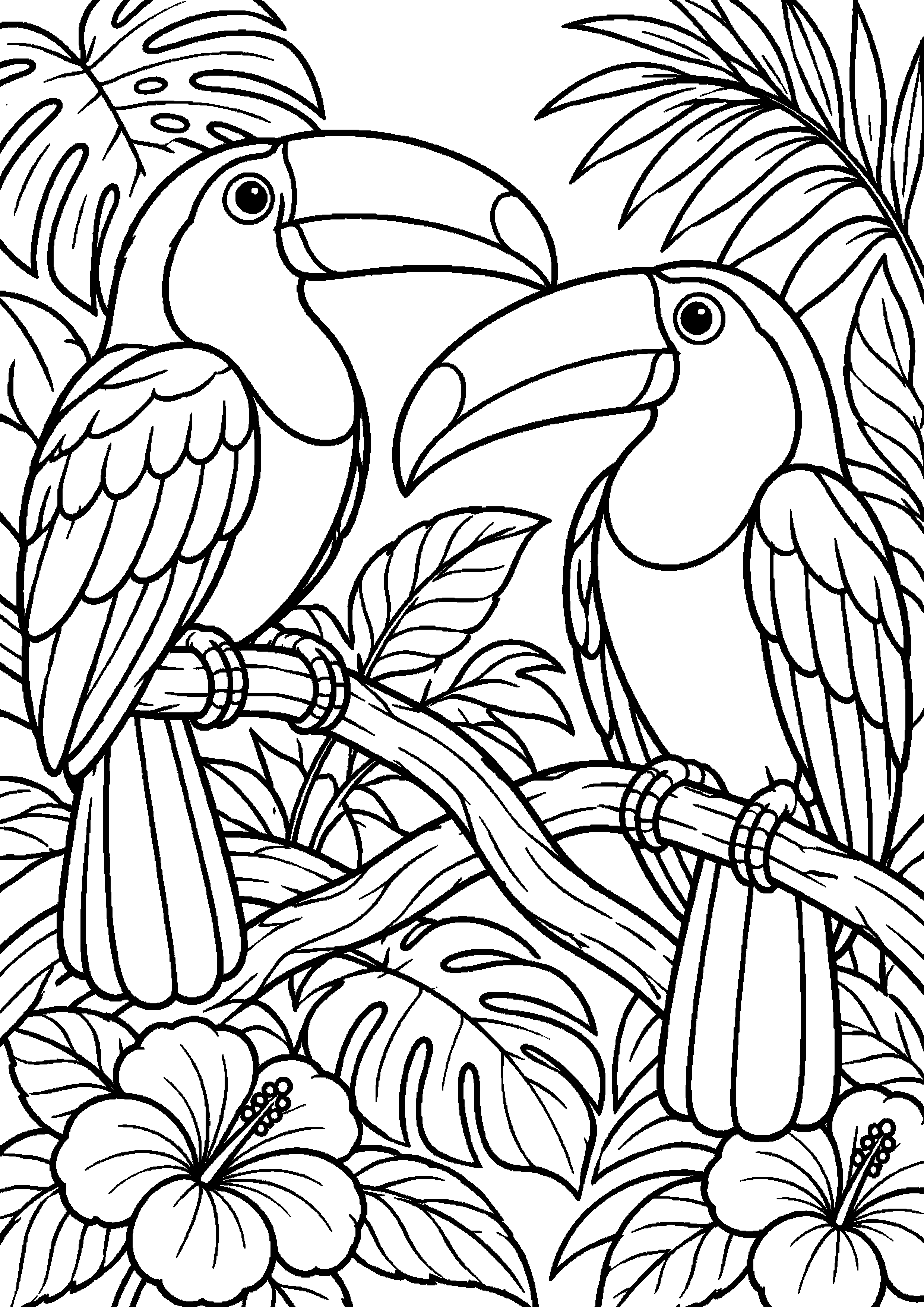 Grand coloriage d’un toucan mangeant un fruit générique, contours noirs nets sur fond blanc