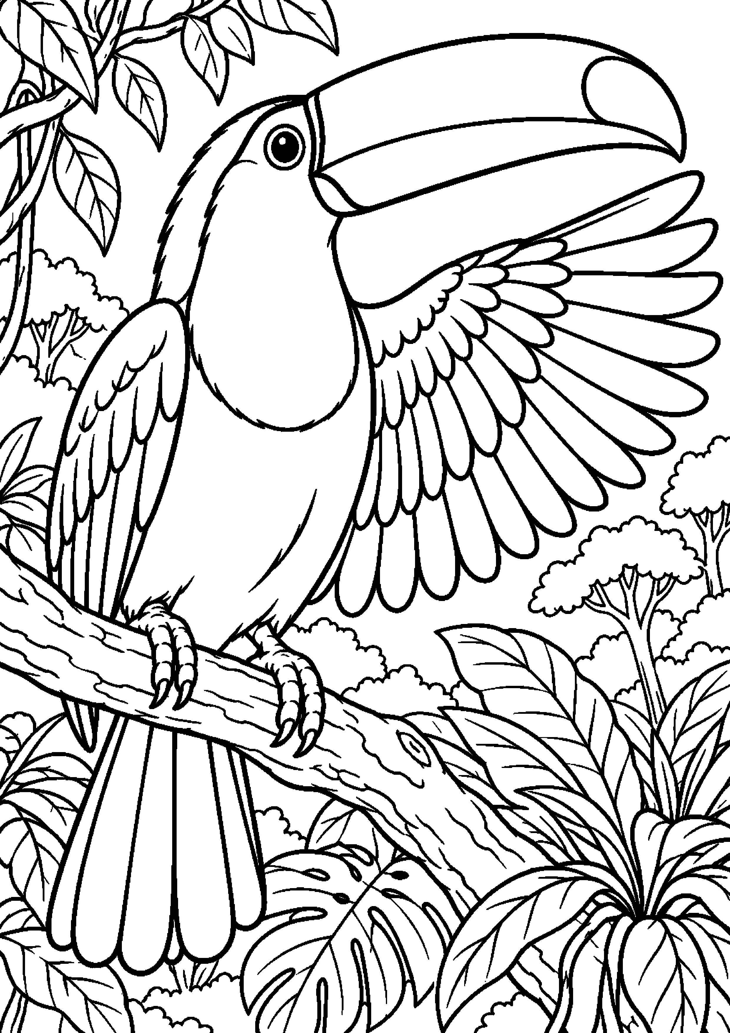 Grand coloriage d’un toucan près d’un grand nid, contours noirs nets sur fond blanc