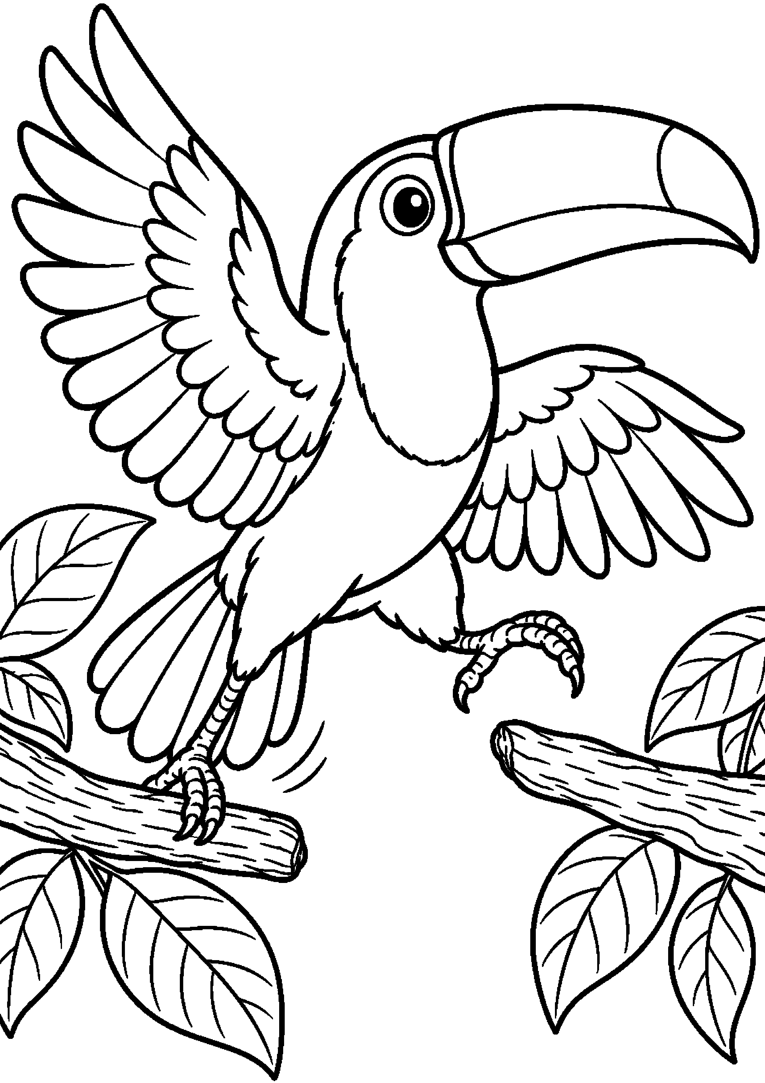 Grand coloriage d’un toucan parent avec son oisillon, contours noirs nets sur fond blanc